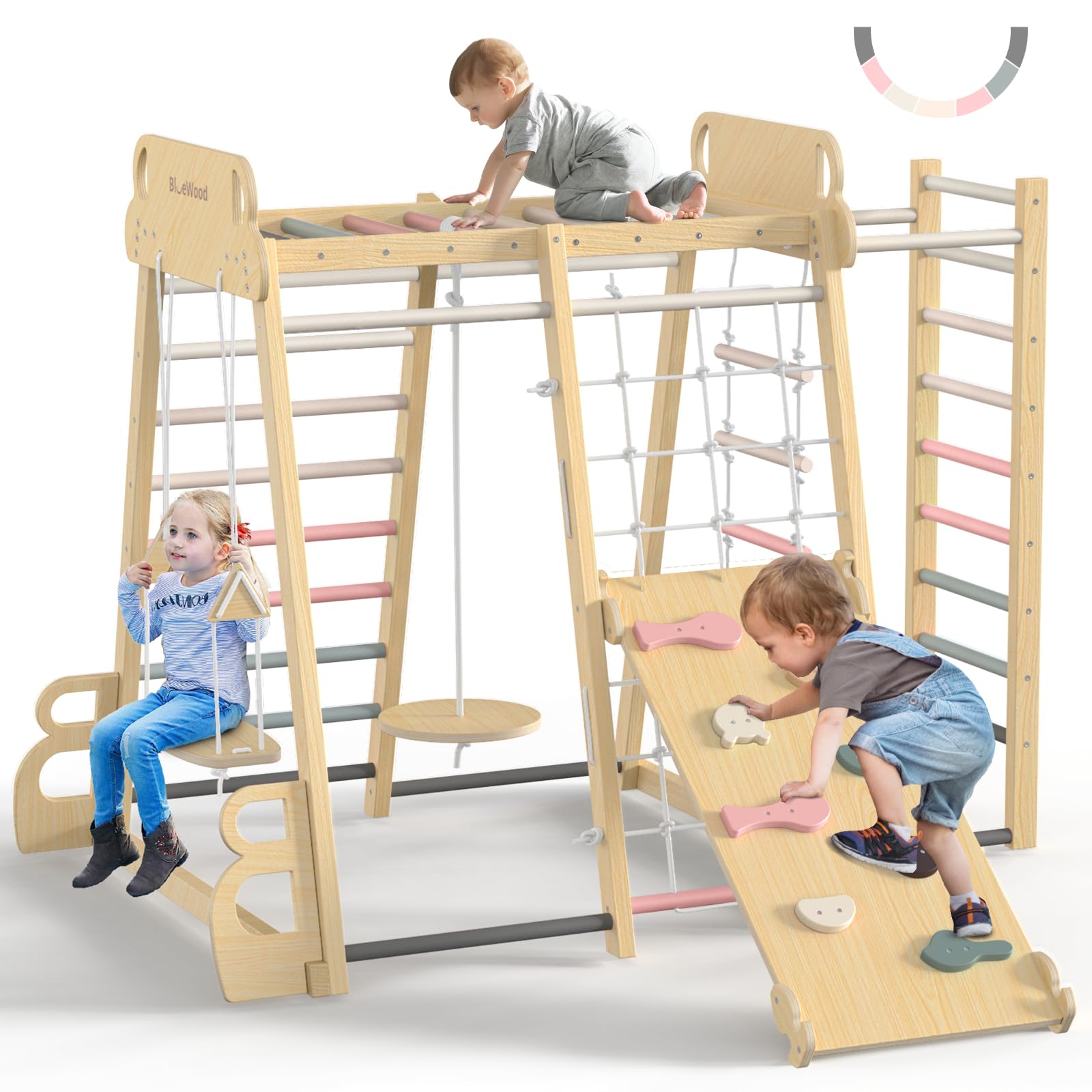 Upgraded Indoor Playground 9-in-1 Jungle Gym Kids Climbing Toys, Montessori Philosophy Waldorf Style Wooden Climber Playset with Slide, Swing, Monkey Bars, Upright/Rope Ladder, Climb Rocks/Net, Pink