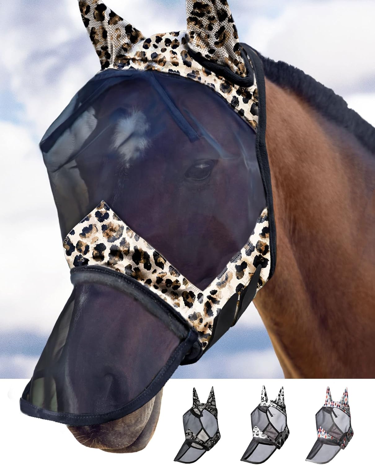 Harrison Howard LumiVista Horse Fly Mask Long Nose with Ears UV Protection for Horse Leopard Print L Full Size