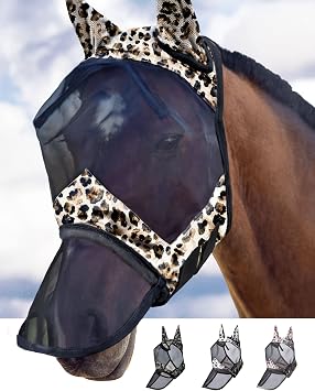 Harrison Howard LumiVista Horse Fly Mask Long Nose with Ears UV Protection for Horse Leopard Print M Cob