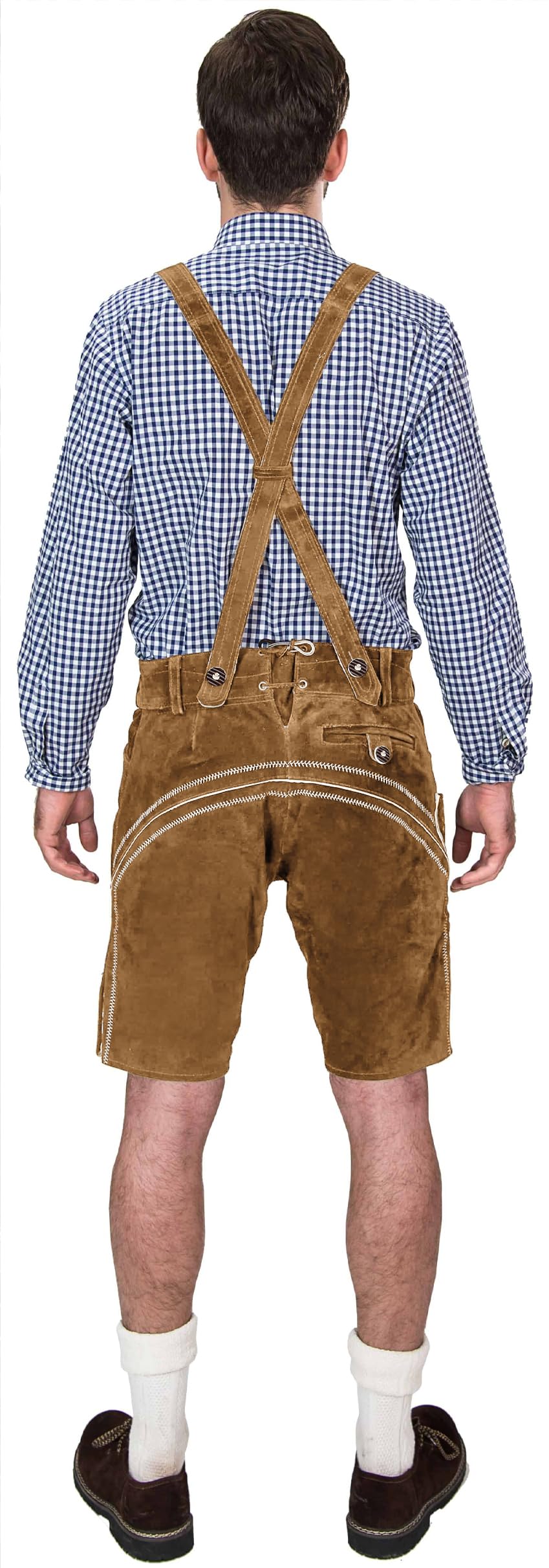 Bawarskie męskie spodnie skórzane krótkie, eleganckie spodnie ze skóry ludowej z ramiączkami, oryginalne w kolorze ciemnobrązowym/średniobrązowym, Oktoberfest, rozmiar 44-60