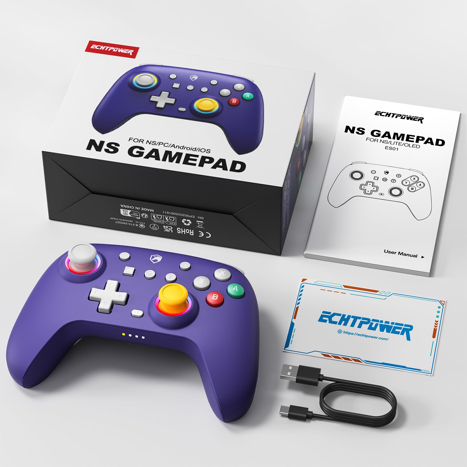 ECHTPower Manette Switch Violette, 2025 Couleur Rétro Manette Switch 2 Sans Fil avec Hall Joysticks/RGB/Macro/Turbo/Vibration, Manette Switch Pro Compatible avec Switch/OLED/PC/Adroid/iOS
