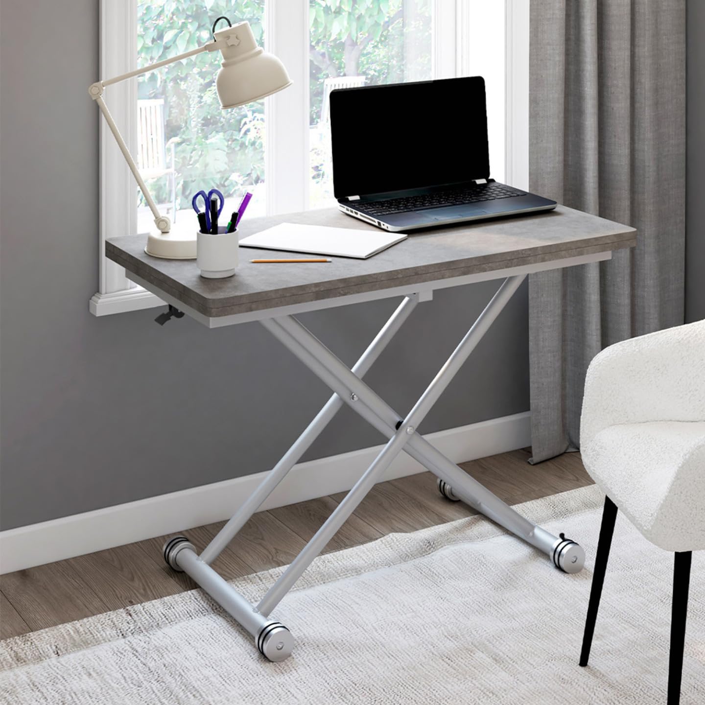 IDMarket – Mesa de centro 2 en 1 elevable en mesa de comedor Urbana hormigón | Rectangular, 100 x 57/114 x 30/75 cm, bandeja efecto hormigón y pie gris cromado