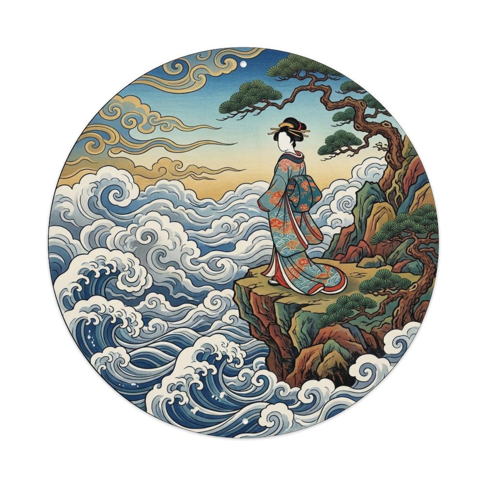Japanese Geisha Sea Clouds Observing Mountain Peak Metal Tin Sign