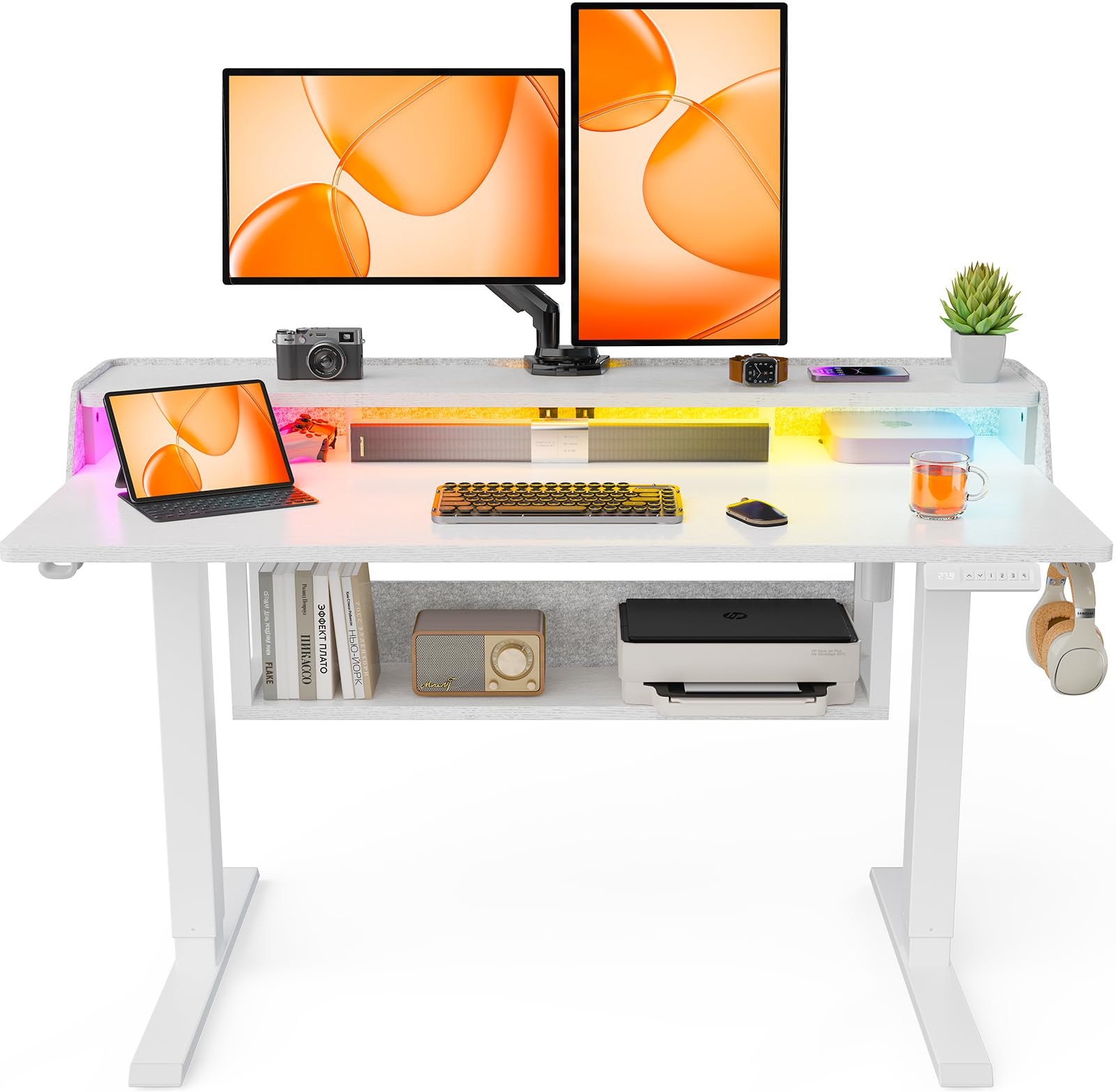 Electric Standing Desk, 48x24 Inch Adjustable Sit Stand Desk with Bookshelf & Monitor Stand, Standing Gaming Desk with LED Light Strip, Stand Up Desk for Home Office, White