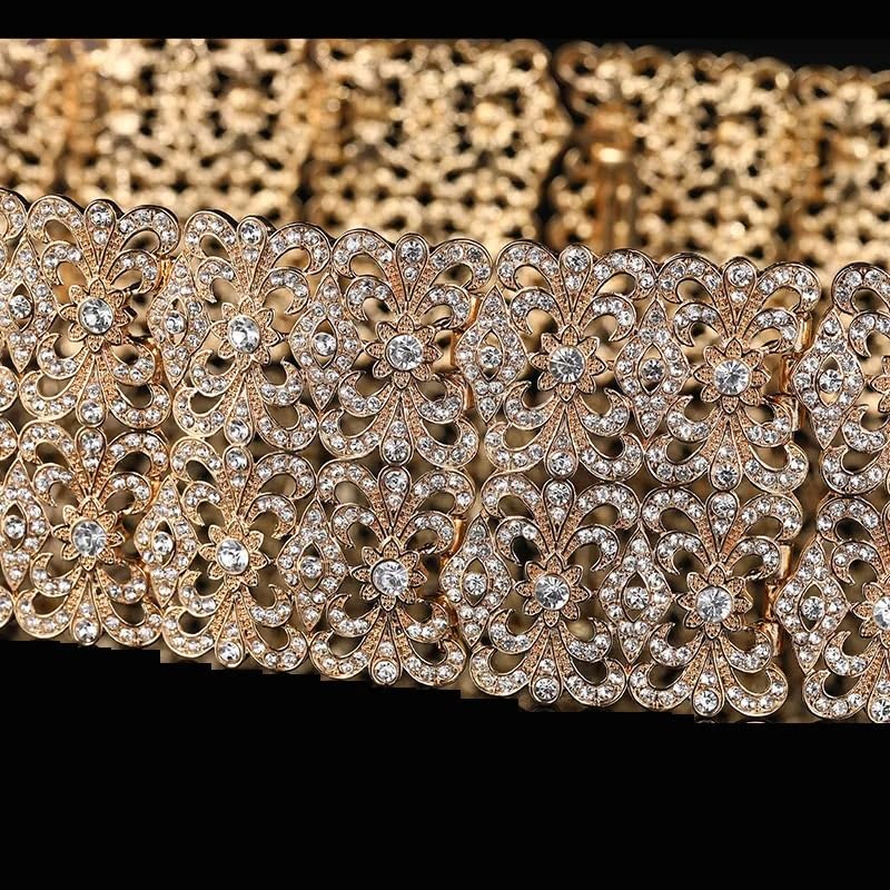 Szeroki metalowy pasek filigranowy dla kobiet, wycięty łańcuszek z kryształkami i strasami, elegancka biżuteria ślubna do sukni ślubnej