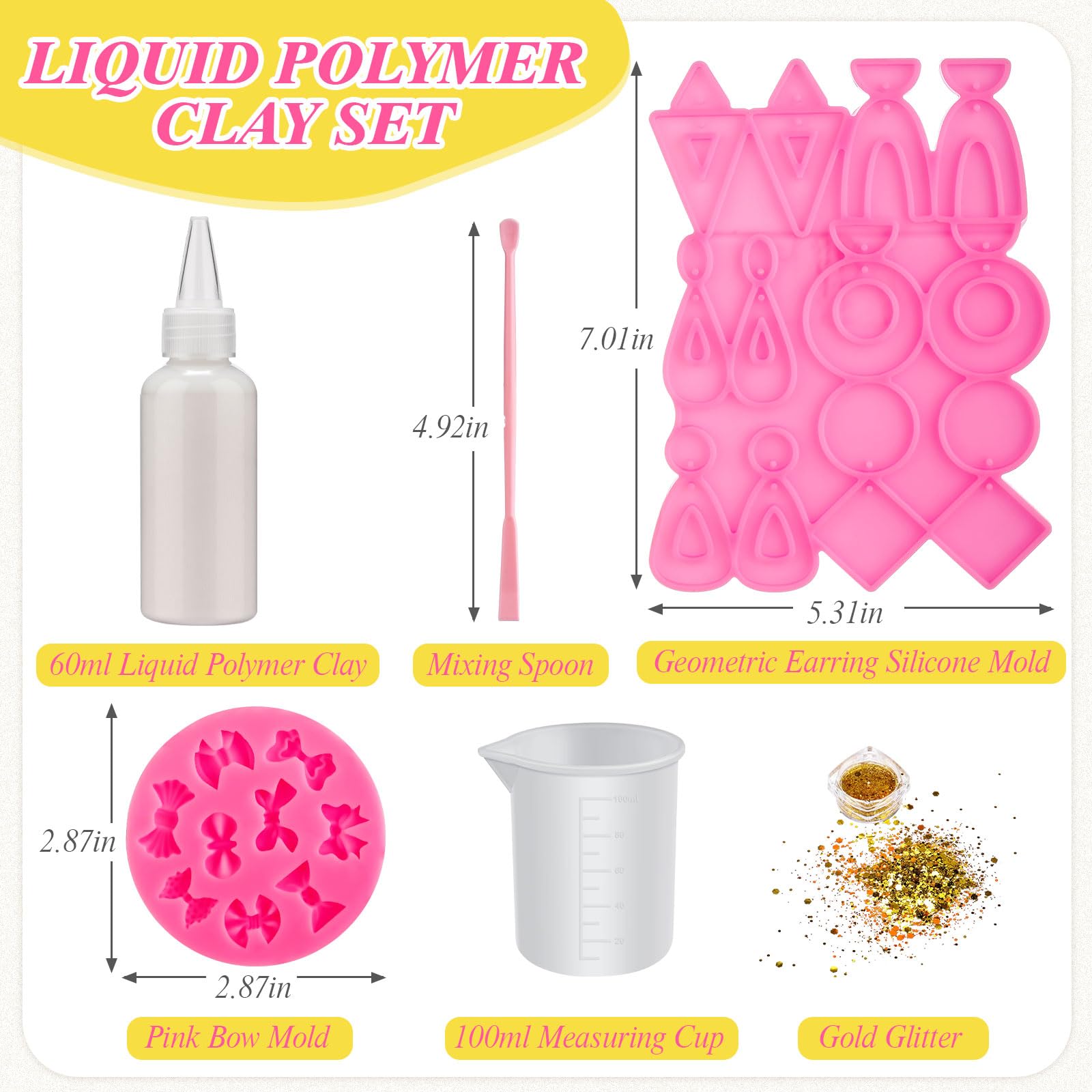 VioraWhite Liquid Polymer Oven-Bake Clay Set with Silicone Mold Gold Glitter Mixing Spoon and Measuring Cup for Jewelry DIY Crafts Holiday Projects for Beginners to Artists(Clear)