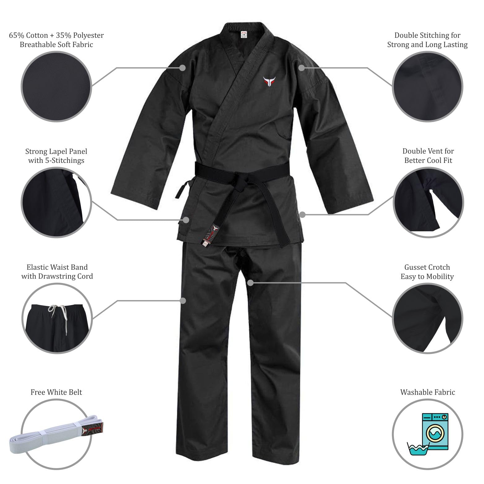 Mytra Fusion Karate Gi adulto con Cinturón – Traje de Entrenamiento de Artes Marciales 200 g para Hombre y Mujer– Uniforme de Karate para Estudiantes