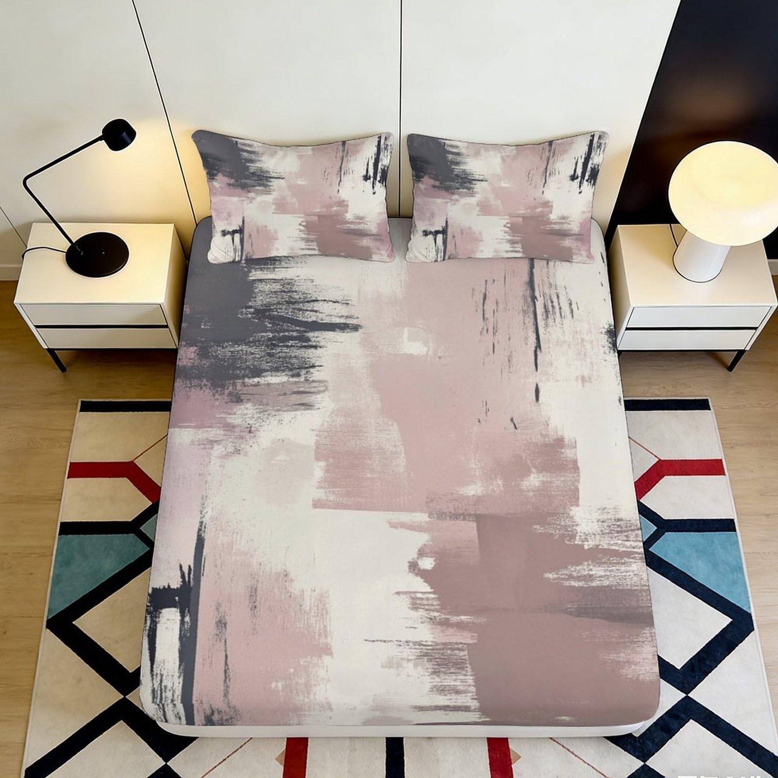 3D Printed Abstract Brushstroke Fitted Sheet Microfiber Soft Pink Grey Modern Mattress Cover Bedroom Decor 120x200x25cm