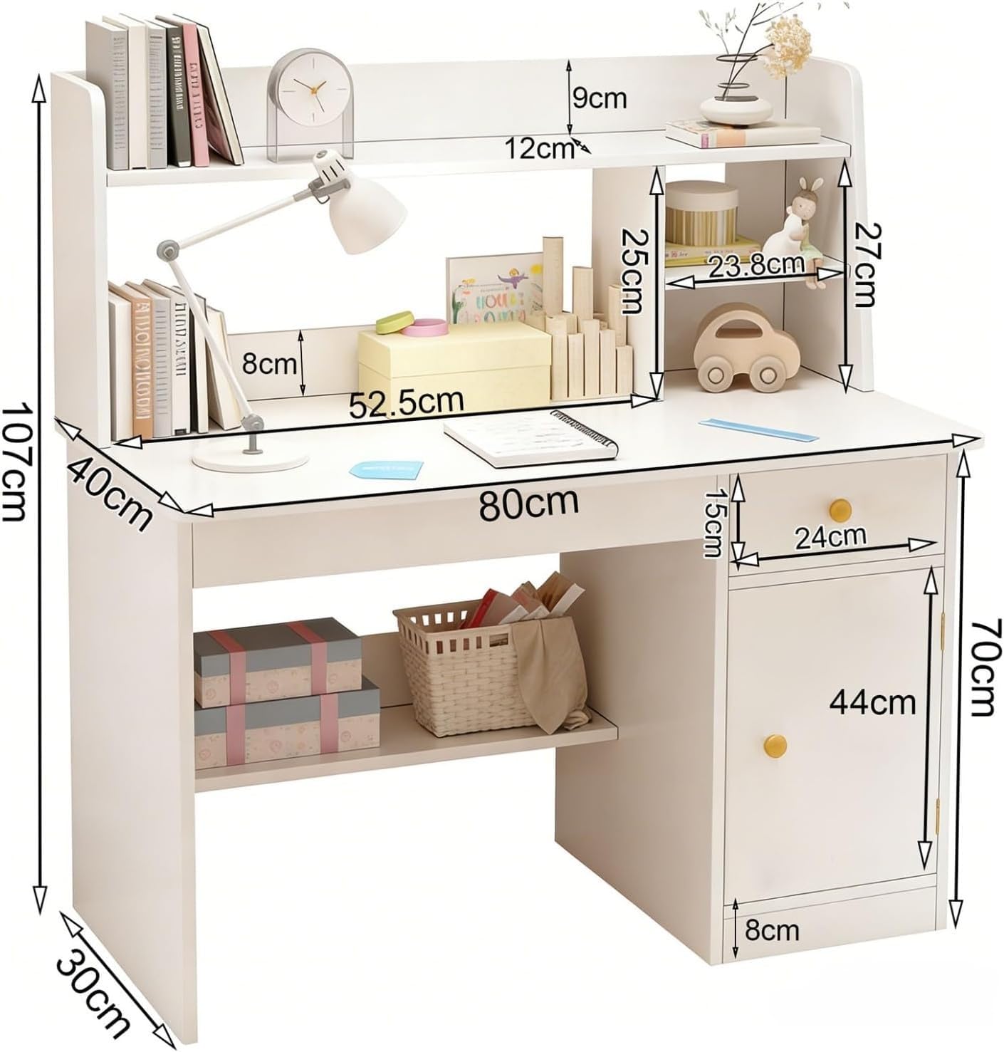 ELZEM Escritorio Infantil Rosa con Estantería y Cajón, Mesa de Estudio de Madera Maciza con Baldas y Armario, Mueble Que Ahorra Espacio para Dormitorio de Niños B,80x40x107cm