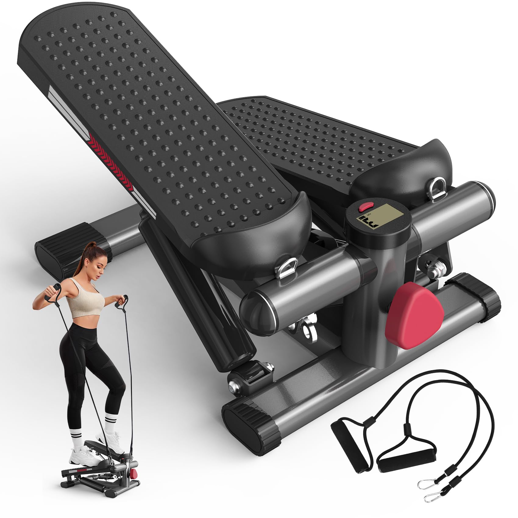 ST1 Mini stepper per casa, 2 in 1 Up-Down Swing Stepper con Power Ropes, display LCD, resistenza regolabile, allenamento gambe e braccia, silenzioso e compatto, carico massimo 100 kg