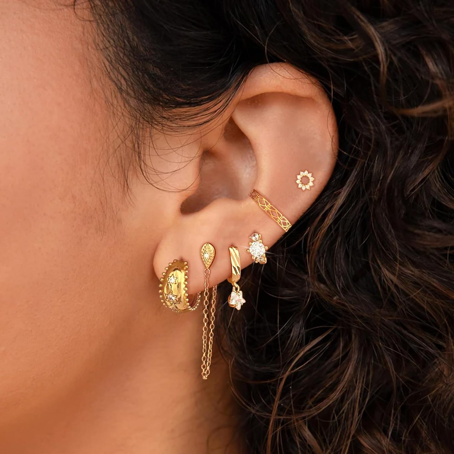 Classic 14K Gold Plated Cubic Zirconia Stars Drop Dangle Earrings Sets for Women Gold Silver Zircon Flowers Stud Earrings for Women Dainty Lightweight Multiple Piercing Flat Back Stud Earrings Set for Sensitive Ears Nickel Free Gold Earrings Set for Women Fashion Jewelry Hypoallergenic Earrings for Gifts