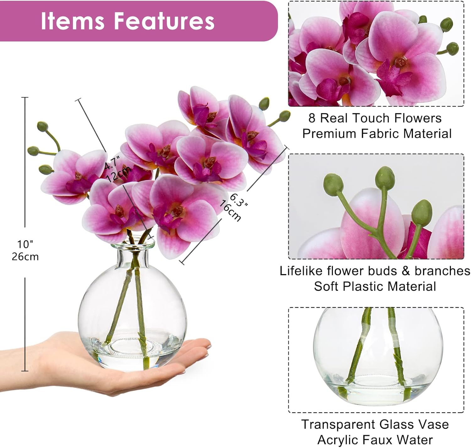 Oairse Pink Orchids Artificial Flowers Faux Orchid Arrangement with Clear Glass Vase Set of 2 Real Touch Phalaenopsis Orchid Flowers Orchid Centerpiece for Dining Room Table