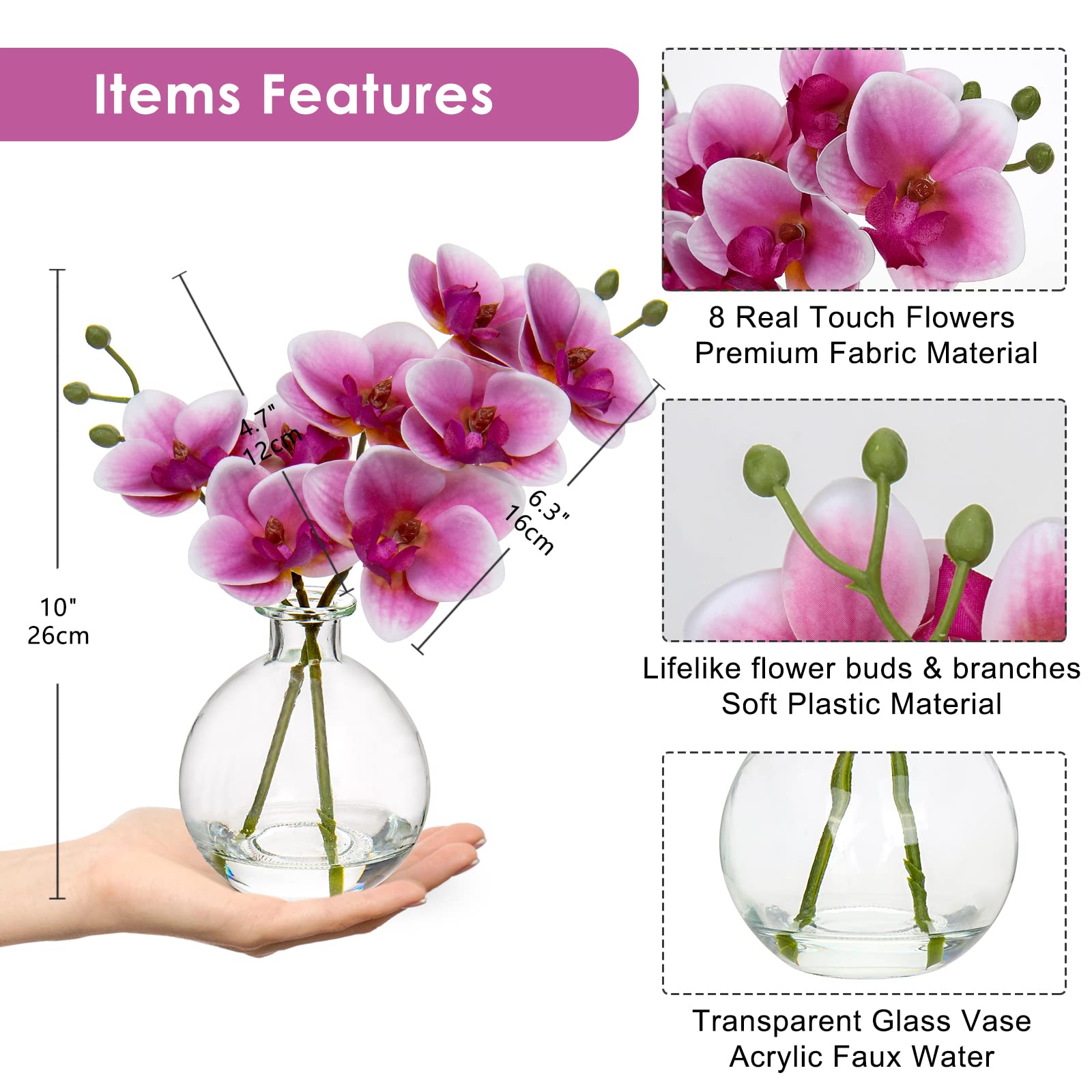 Pink Orchids Artificial Flowers Faux Orchid Arrangement with Clear Glass Vase Set of 2 Real Touch Phalaenopsis Orchid Flowers Orchid Centerpiece for Dining Room Table