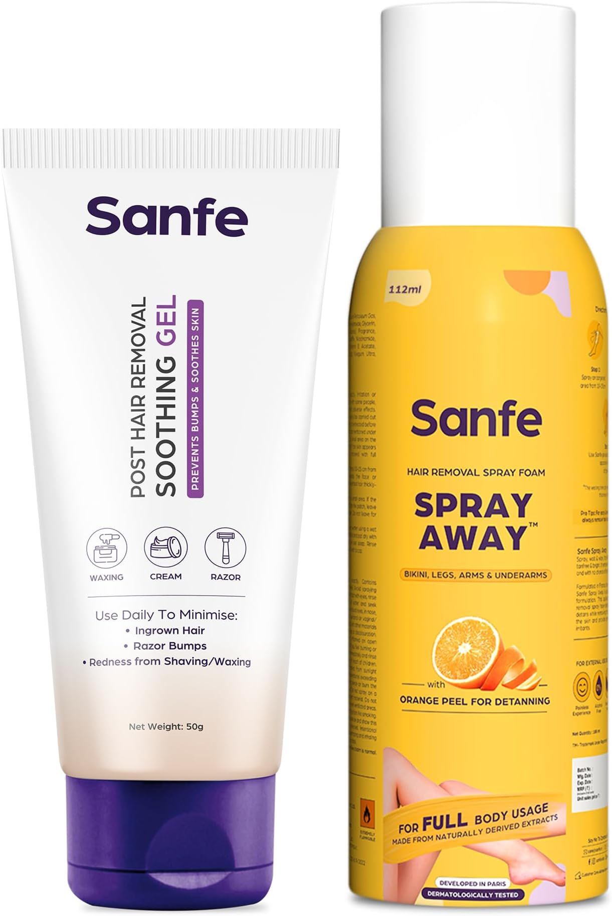 Sanfe Painless & Detan Hair Removal Kit | Spray Cream 112ml & Post Hair Removal Soothing Gel 50gm | For Chest, Legs, Arms & UnderArm | Removes Hair in 10 Minutes with Skin Detan | Dermatologist Tested