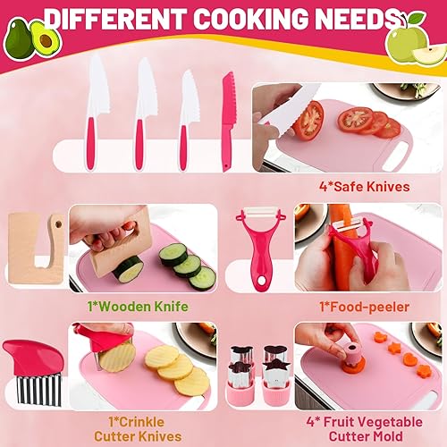 Miniatura 5 de Juego de cuchillos de cocina para niñas, 15 piezas, color rosa, con cesta y delantal para cocina real, accesorios de cocina para niños, herramientas