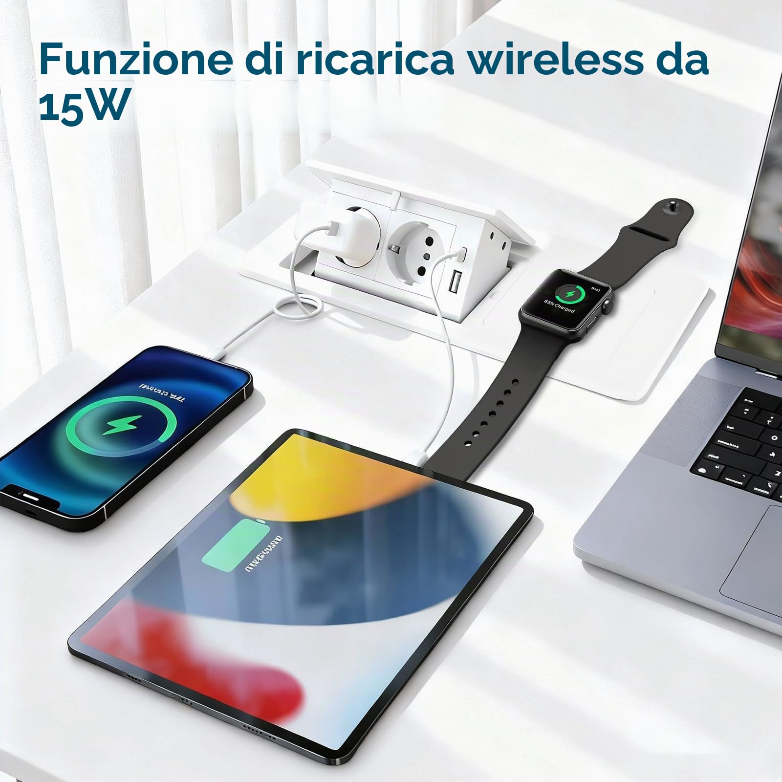Presa a scomparsa con USB-C PD20W e ricarica wireless 15W – Presa da incasso per scrivania e cucina, 2 prese Schuko + USB-A, alluminio pressofuso, bianco