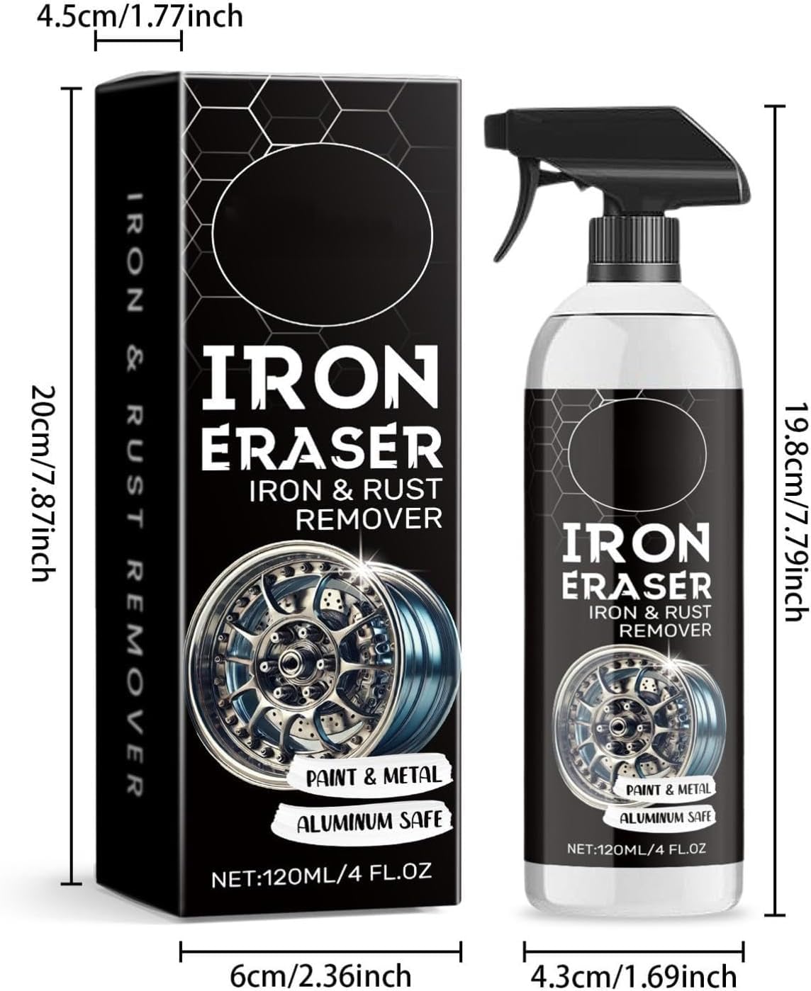 Generico Iron Eraser Spray Rimuovi Ruggine, Spray Rimuovi Polvere di Ferro per Cerchi Auto E Superfici Metalliche, Detergente per Polvere Freni E Cerchi, Spray per Pulizia Auto, 120 Ml (3pcs)