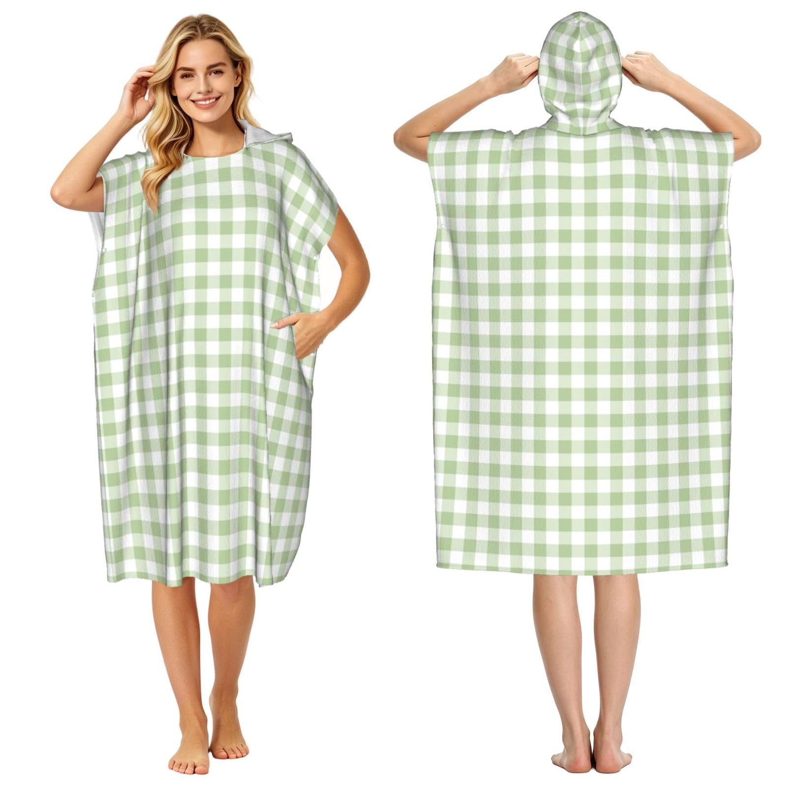 Poadnly Sage Green Linen Plaid, Adult Hooded Beach Towel 90 x 110 cm,Changing Bath Robe, Surf Poncho Towel For Women Men