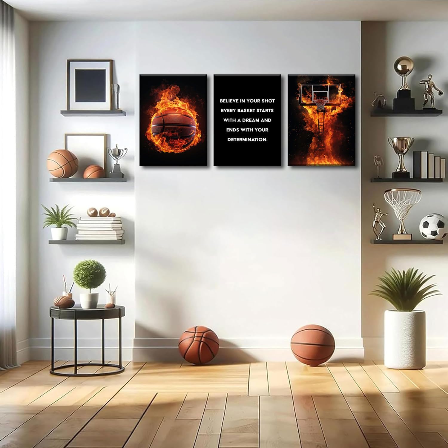 3Pcs Basketball Canvas Wall Art Basketball Court Black Wall Decor Picture flame Basketball Inspirational Quotes Poster Print Artwork for Gym Teen Boys Room Decortion 12x16in Framed