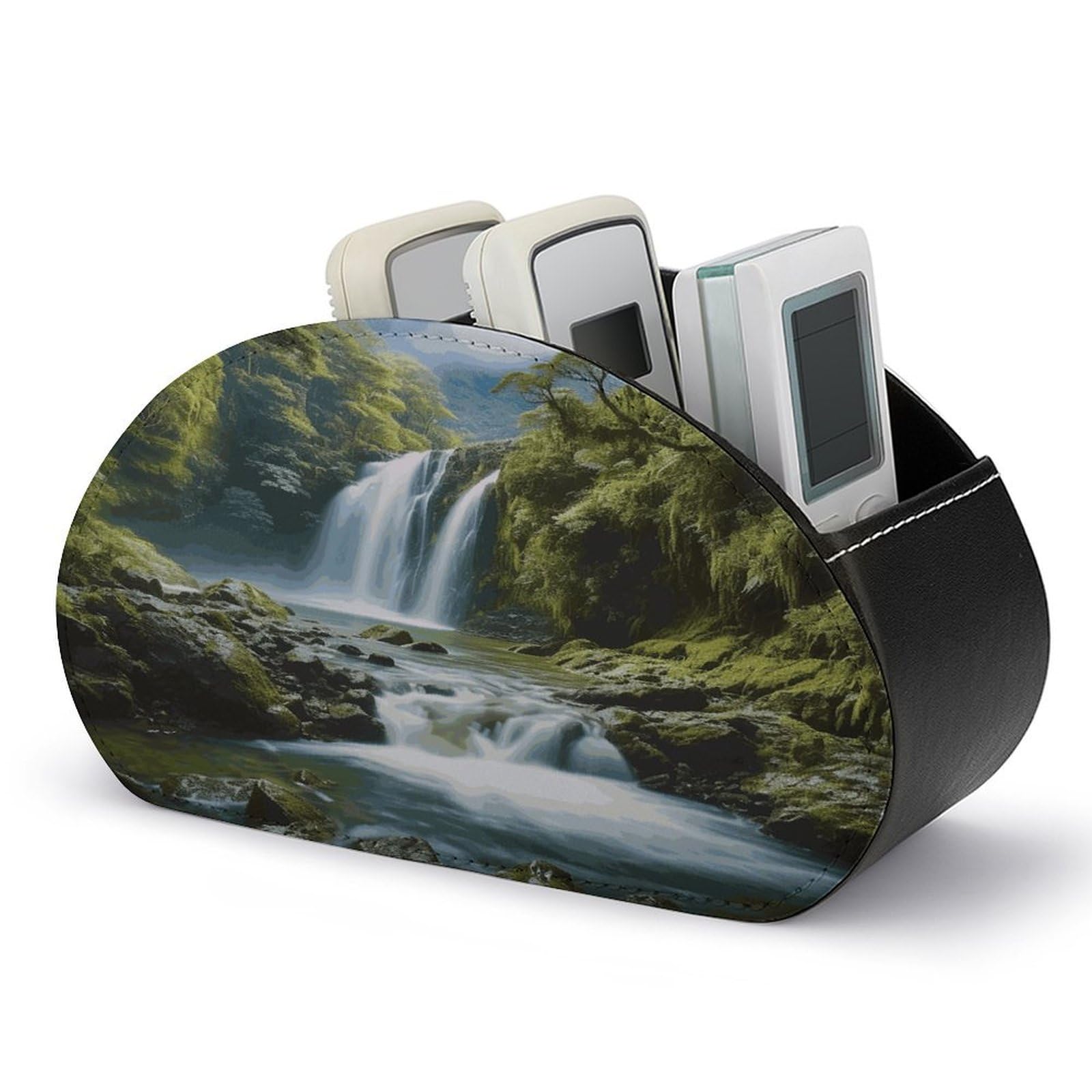 FekiLoot Waterfall Landscape Painting Remote Control Holder, PU Leather Remote Control Organizer Box Stationery Remote Control Box Desk Storage Organizer for DVDs,Glasses,Pens,Media Players