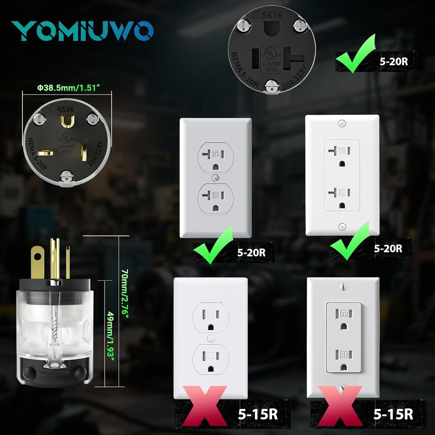 5 Set Lighted 5-20 Amp 125Volt Extension Cord Ends Connector Extension Cord Repair Female End, Straight Blade Cord End Replacement,NEMA 5-20P & 5-20R, 2 Pole 3Wire Grounding , UL-Listed