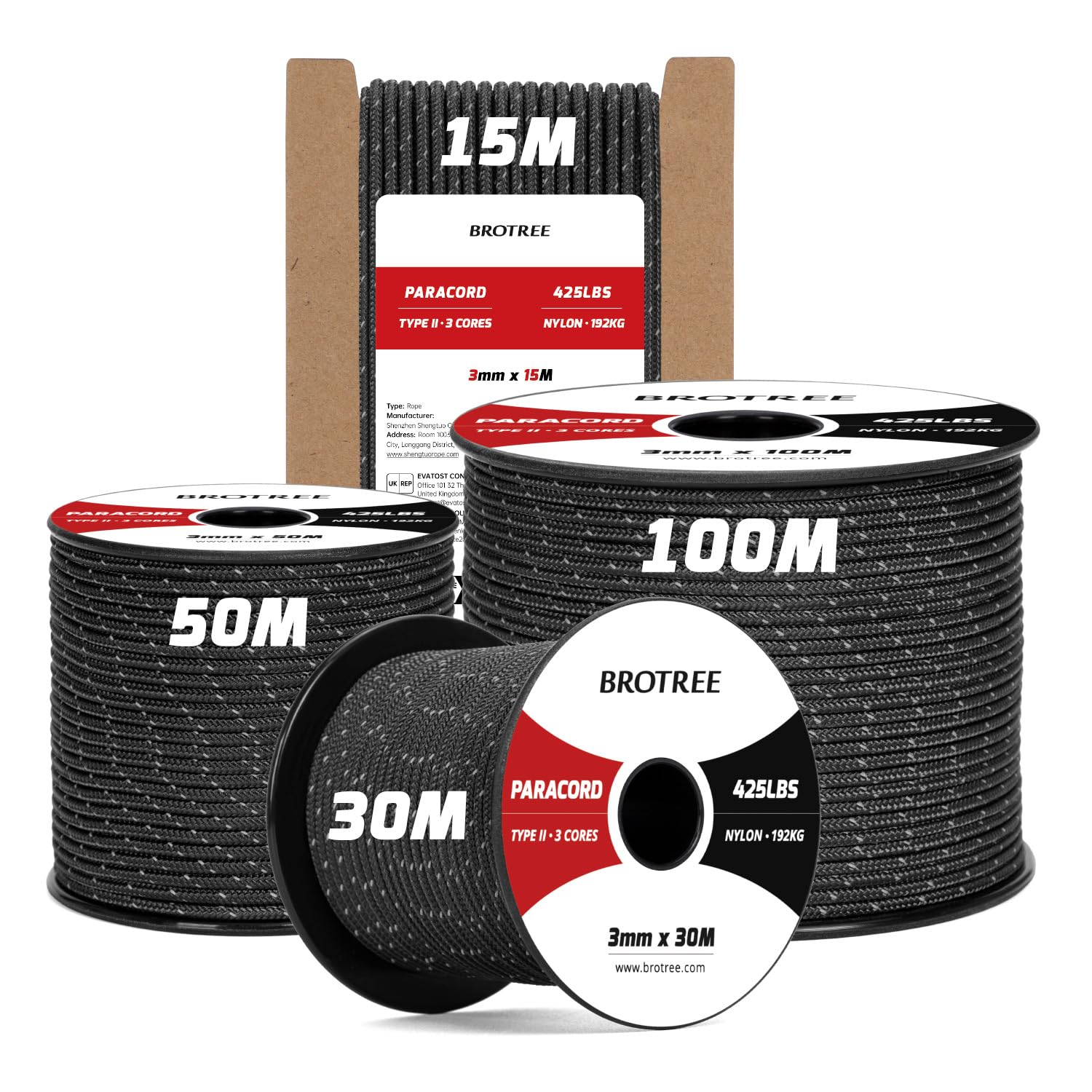 Brotree 3mm Paracord 425 100% Nylon 50M Rope 3 Strands Type II Parachute Cord for Outdoor, Craft, DIY - 192kg Breaking Load (Reflective Black)