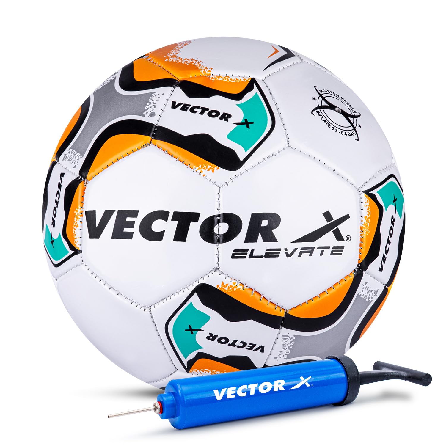 Vector X Elevate PVC Machine Stitched Indoor/Outdoor Water-Resistant Football + Pump with Butyl Bladder, White, Size 5, Suitable for Match and Training for Adults 15+ Years + Free Air Needle