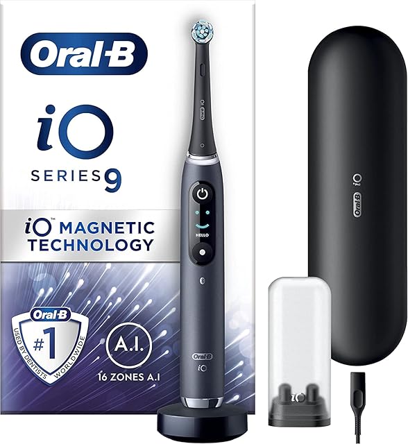 Oral-B iO9 Electric Toothbrush with Revolutionary Magnetic Technology, App Connected Handle, 1 Ultimate Clean Toothbrush Head & Charging Travel Case, 7 Modes with Teeth Whitening, 2 Pin UK Plug, Black