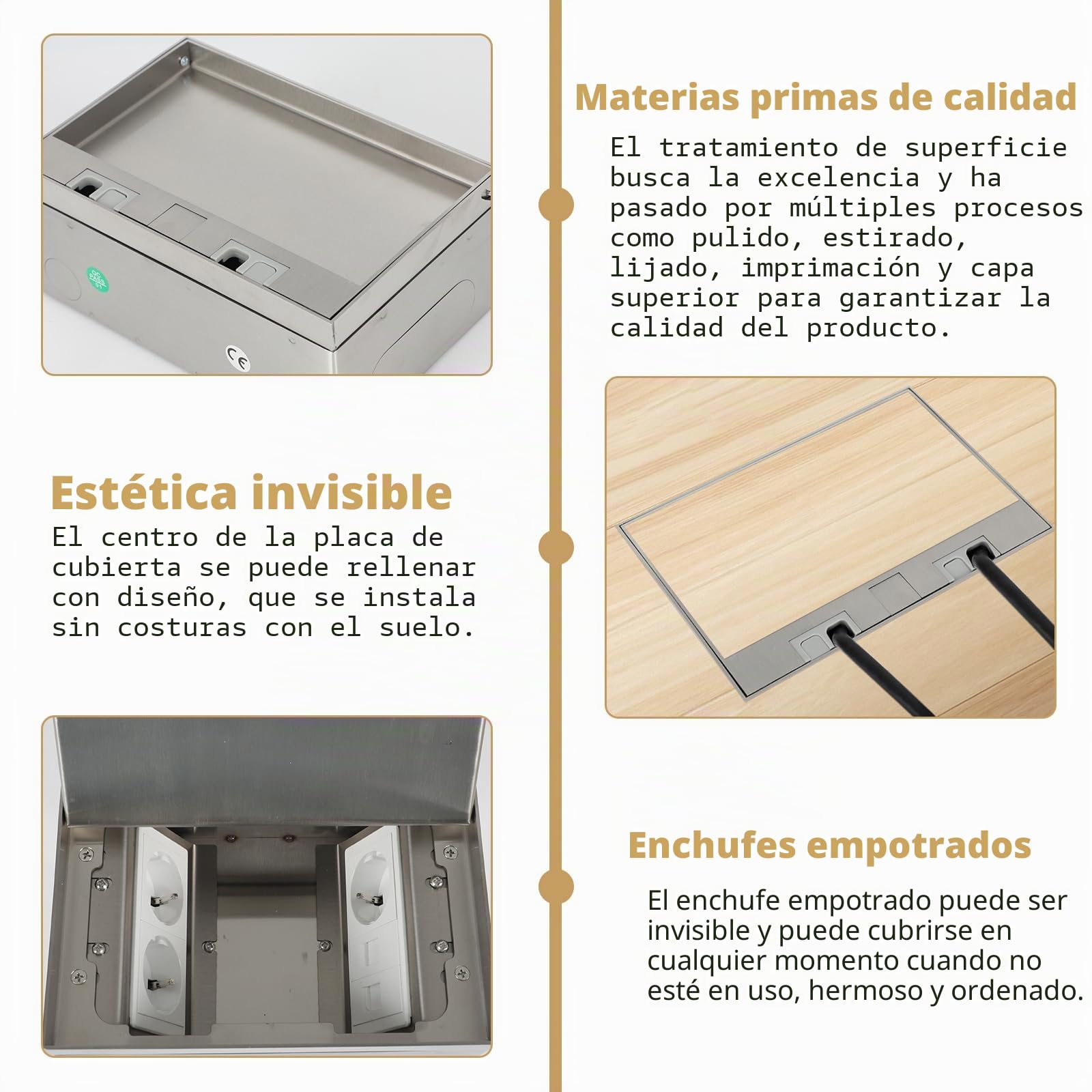 Caja de suelo empotrada, enchufe empotrado de acero inoxidable, impermeable, con 3 AC + 2 RJ45, para cocina, salón, oficina, caja de suelo retráctil (3 AC)