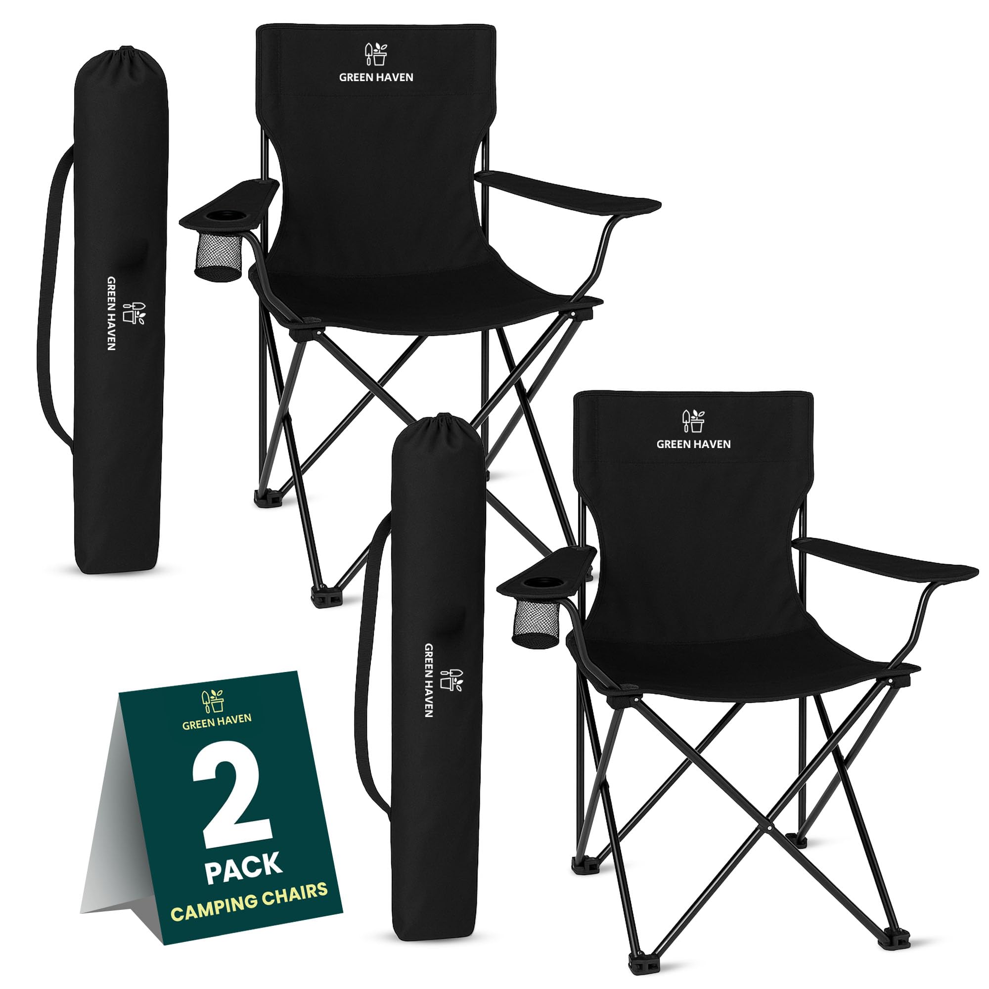 Green Haven Folding Camping Chair with Cup Holder & Carry Bag โ Lightweight Portable Outdoor Chair, Heavy Duty Steel Frame, Padded Headrest, Wide Seat for Camping, Festival, Garden, Fishing