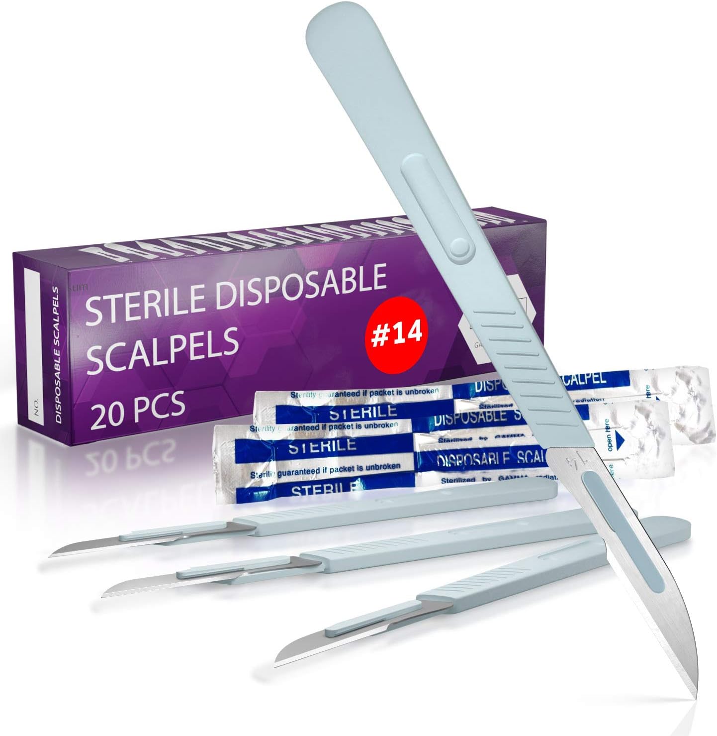 MyMed Disposable Scalpel 14, Pack of 20 Disposable Dermaplaning Blades with Plastic Handle, Surgical Knife Scalpel, High Carbon Steel Dermablade Surgical Blades Individually Wrapped 14 Blade, Sterile
