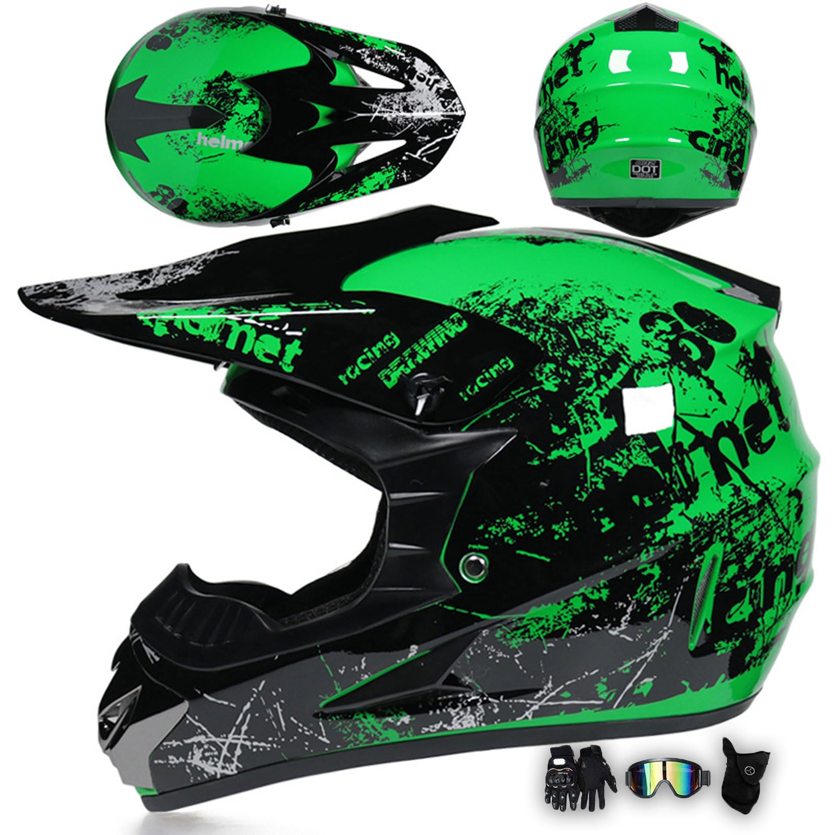 MODRYER Motocross Helmets Dirt Bike Helmet Full Face With Goggles Gloves And Mask, Unisex Kids Adult Motorbike Helmet For BMX ATV Downhill Off-Road MX Quad Enduro,Green-XL/58~59cm