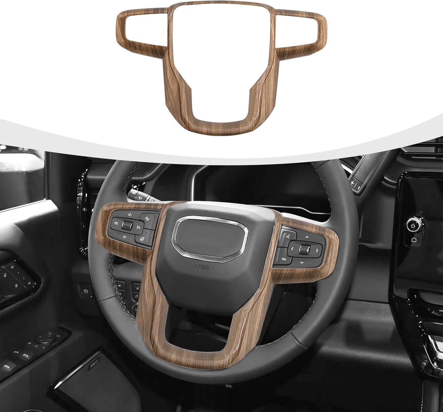 Steering Wheel Trim Cover Compatible with GMC-Sierra 1500 2019-2025 & GMC-Sierra 2500HD/3500HD 2020-2024, for GMC-Yukon 2021-2024, Wood Grain