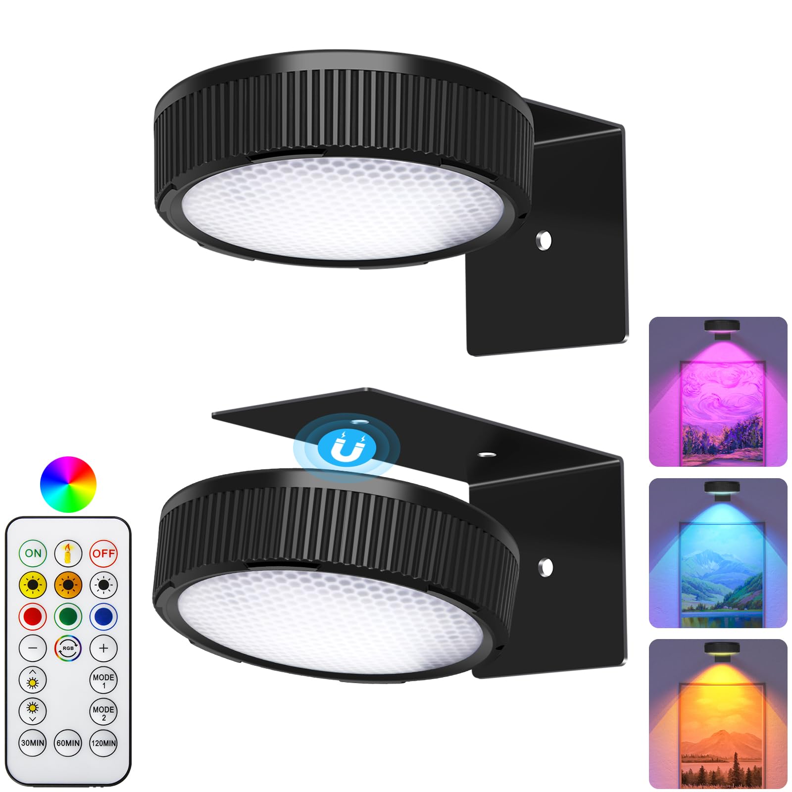 SIXDEFLY RGB Magnetic Suction Spotlight - Battery-Powered, Wireless, Remote Control with Adjustable Timer for Art Displays and Galleries 2 Pack Black