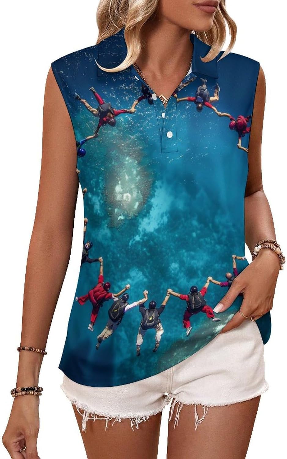 Teamwork Skydiving Ring Womens Golf Shirts Print Polo Shirt Sleeveless Tank Top Casual Work Blouses