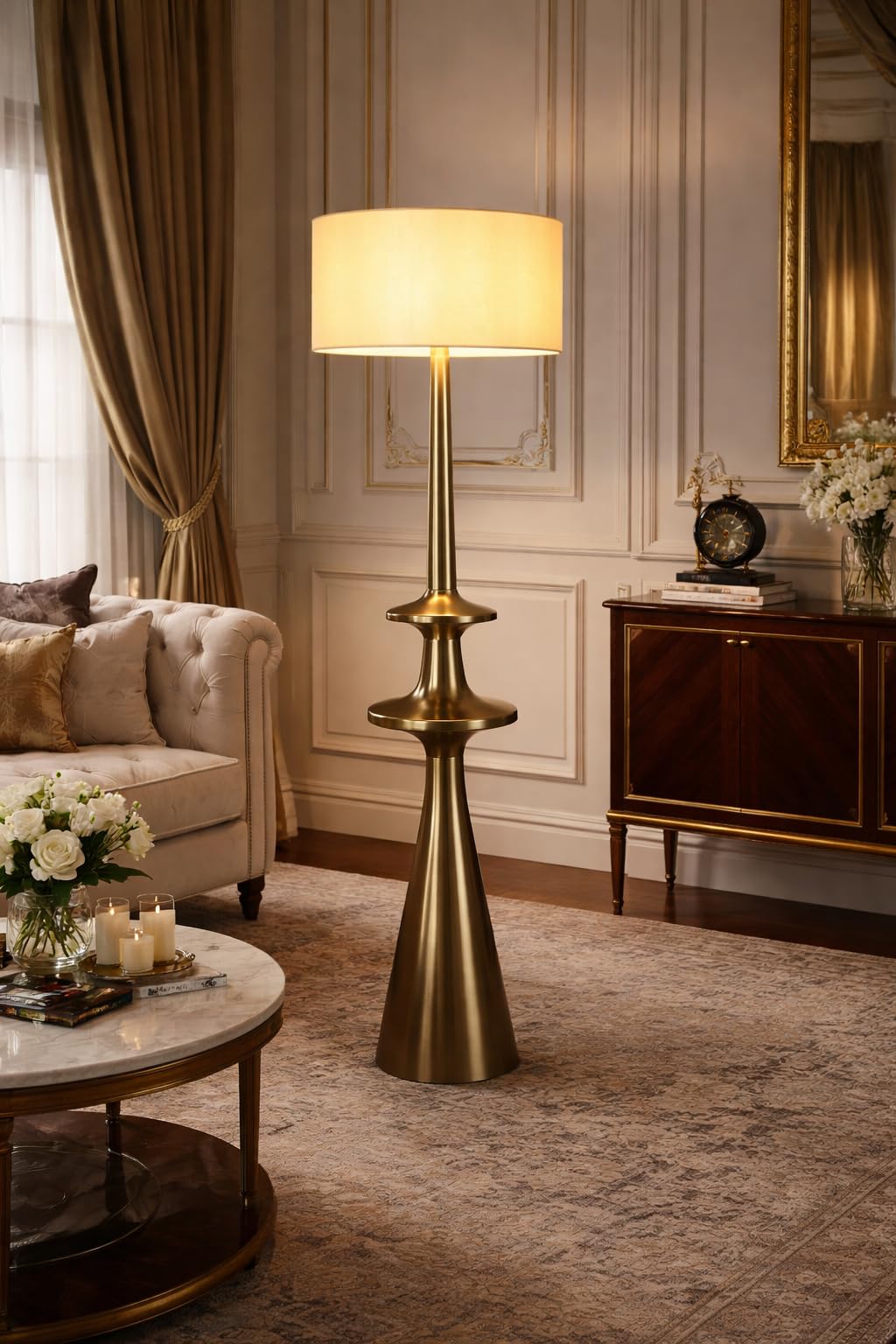 Antique Brass Finish Floor Lamp for Living Room Corner, Home, Hotel, Office and Off White Beige Colour Lampshade (Pack of 2)-image-17