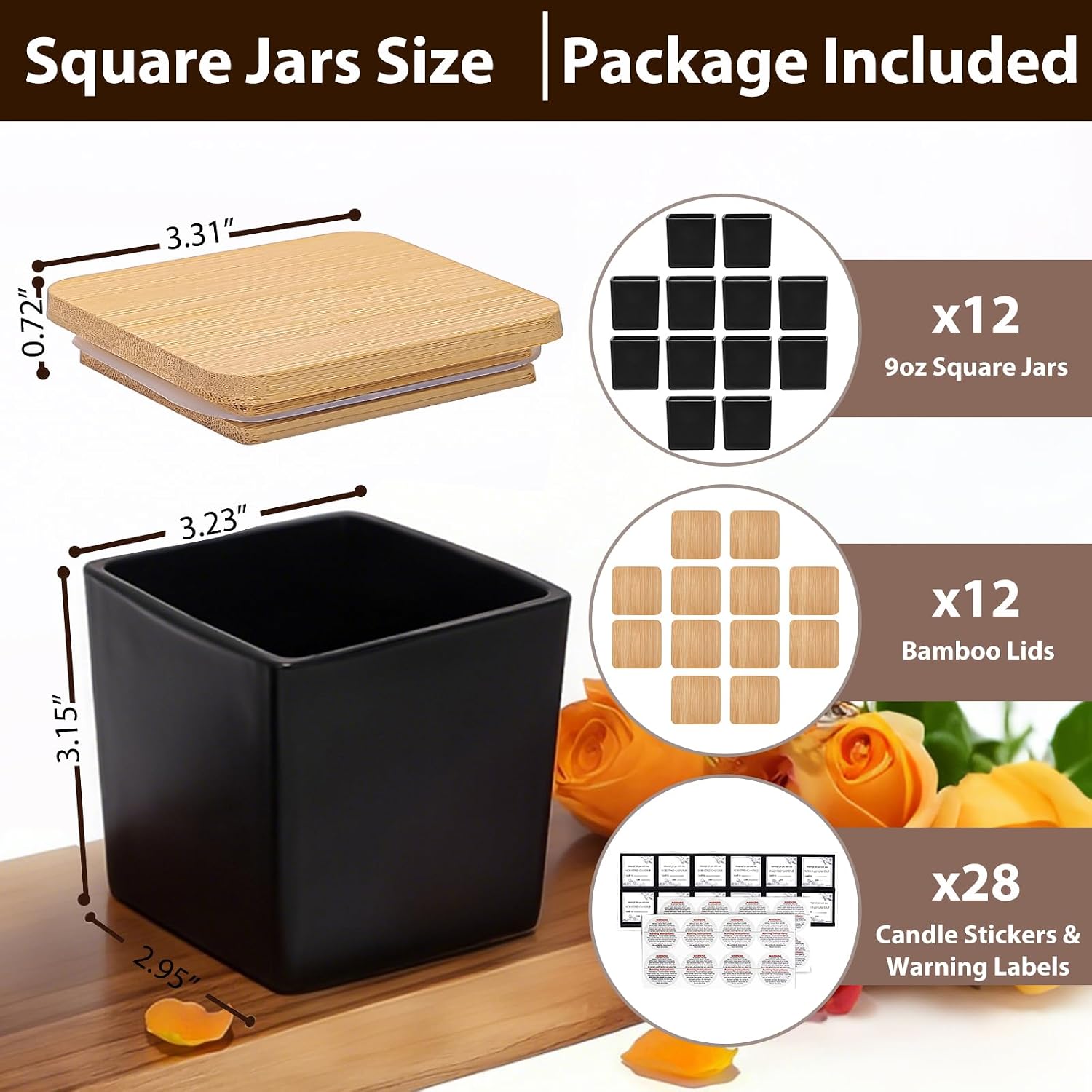 CONNOO 12 Pack 9 OZ Matte Black Square Candle Jars for Making Candles, Thick Glass Bulk Empty Candle Containers with Airtight Bamboo Lids for Candle Making, Sticky Warning Labels - Dishwasher Safe
