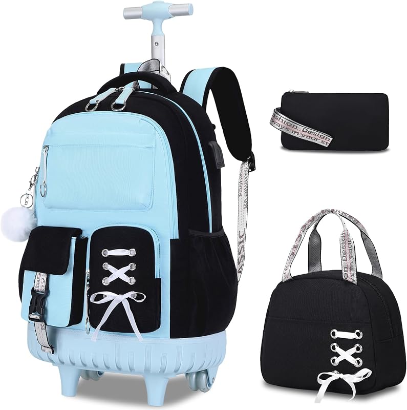 Mochila con ruedas para niñas y adolescentes, juego de mochila escolar estética Y2K para mochila y viajes, mochila con ruedas con puerto de carga USB para estudiantes universitarios de secundaria primaria (azul)