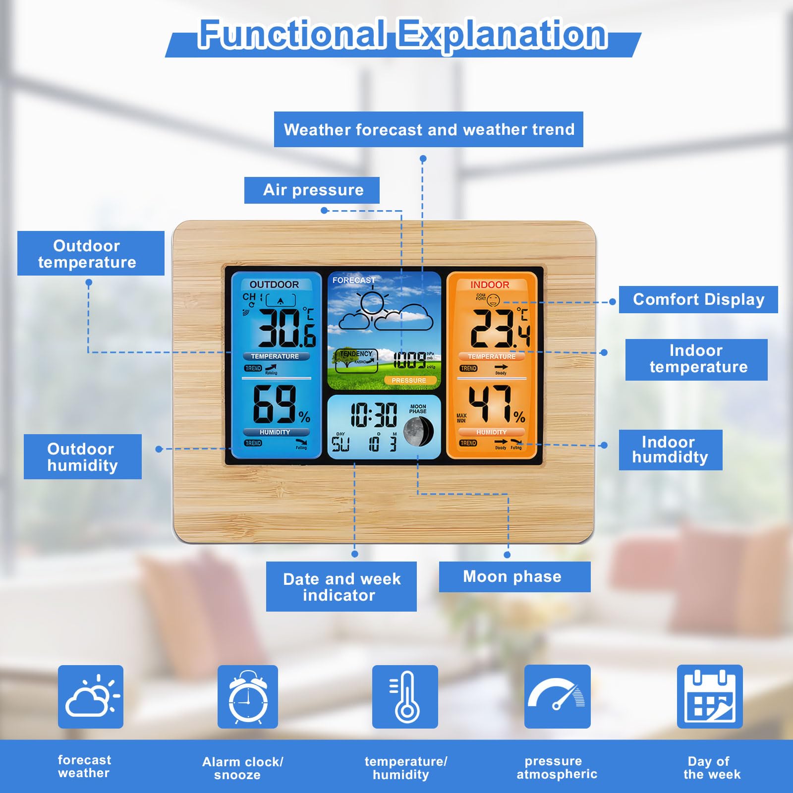 Stazione Meteorologica Con Sensore Wireless Esterno, Stazione Meteorologica Digitale per La Casa- Stazioni Meteorologiche Digitali Lcd Con Allarme E Temperatura/Umidità//Fase Lunare/Sveglia/Data Ora
