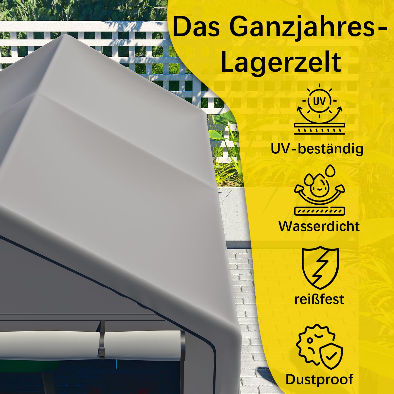 Garagenzelt Wasserdichtes Lagerzelt mit Rolltor, Robuster Stahlrahmen & UV-beständige Plane, Grau – Ideal für Fahrräder, Gartenmöbel & Mehr (3X 1,9)