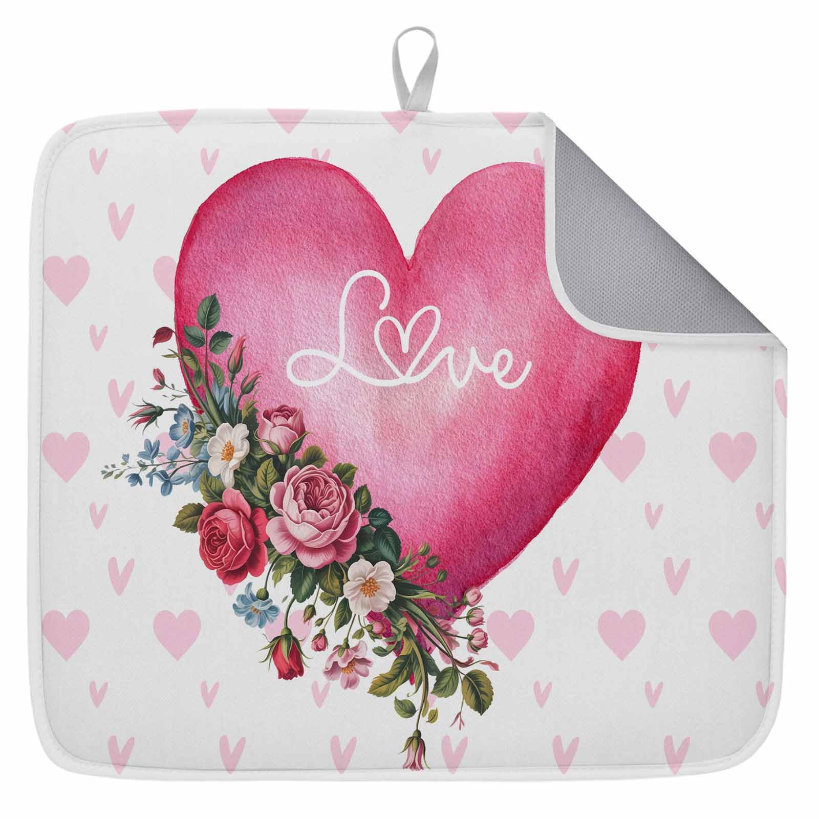 Valentine's Day Love Spring Flower Dish Drying Mats for Kitchen Counter,Absorbent Microfiber Dish Drainer Rack Mat Seamless Pink Heart Drying Pad for Sinks,Utensils,Countertops,16x18in