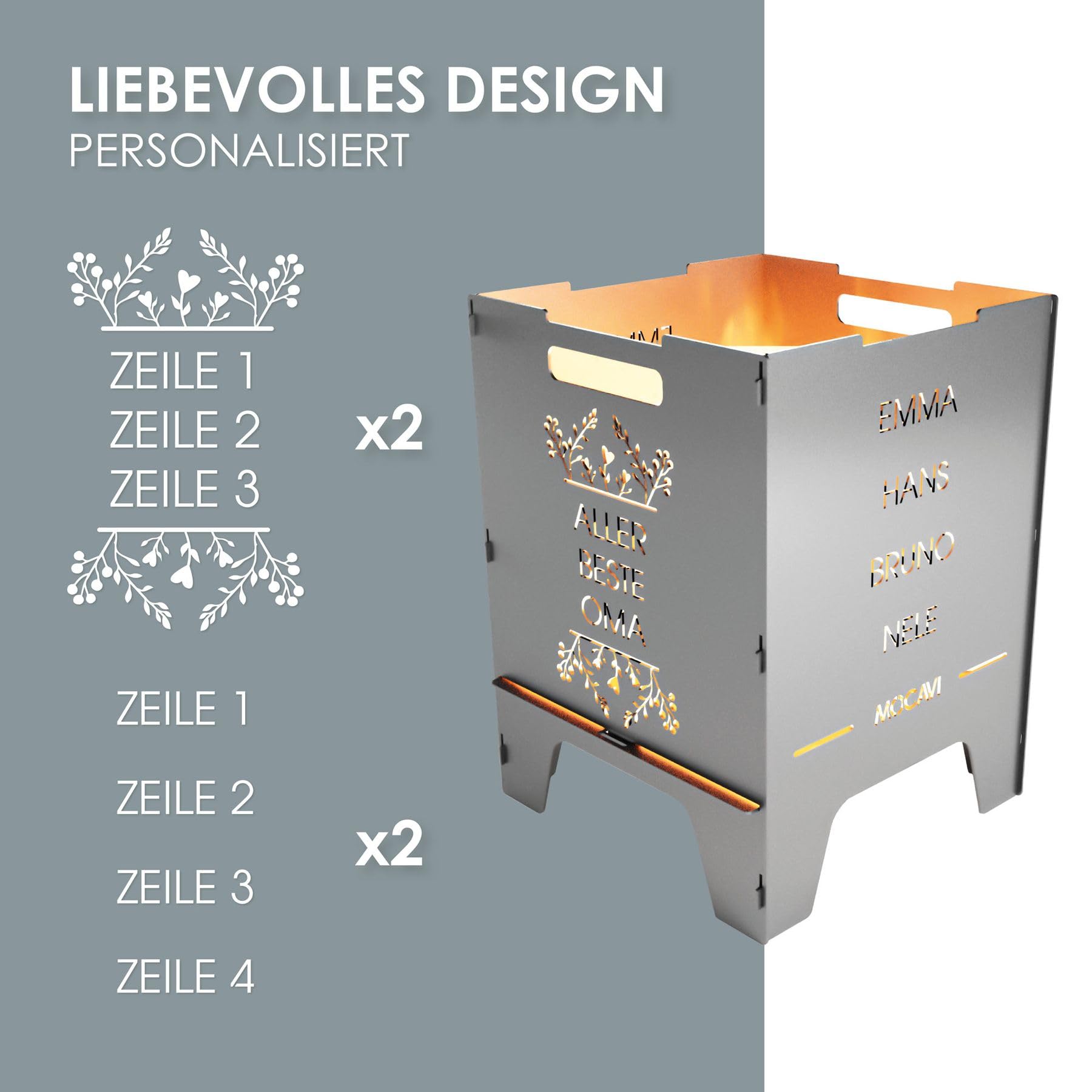 MOCAVI Edelstahl Feuerkorb Beste 52 cm | 3 mm V2A personalisiert Design-Feuertonne für Garten, Terrasse und Balkon Feuerschale Feuersäule massiv sicher quadratisch Feuerstelle Outdoor hitzefest