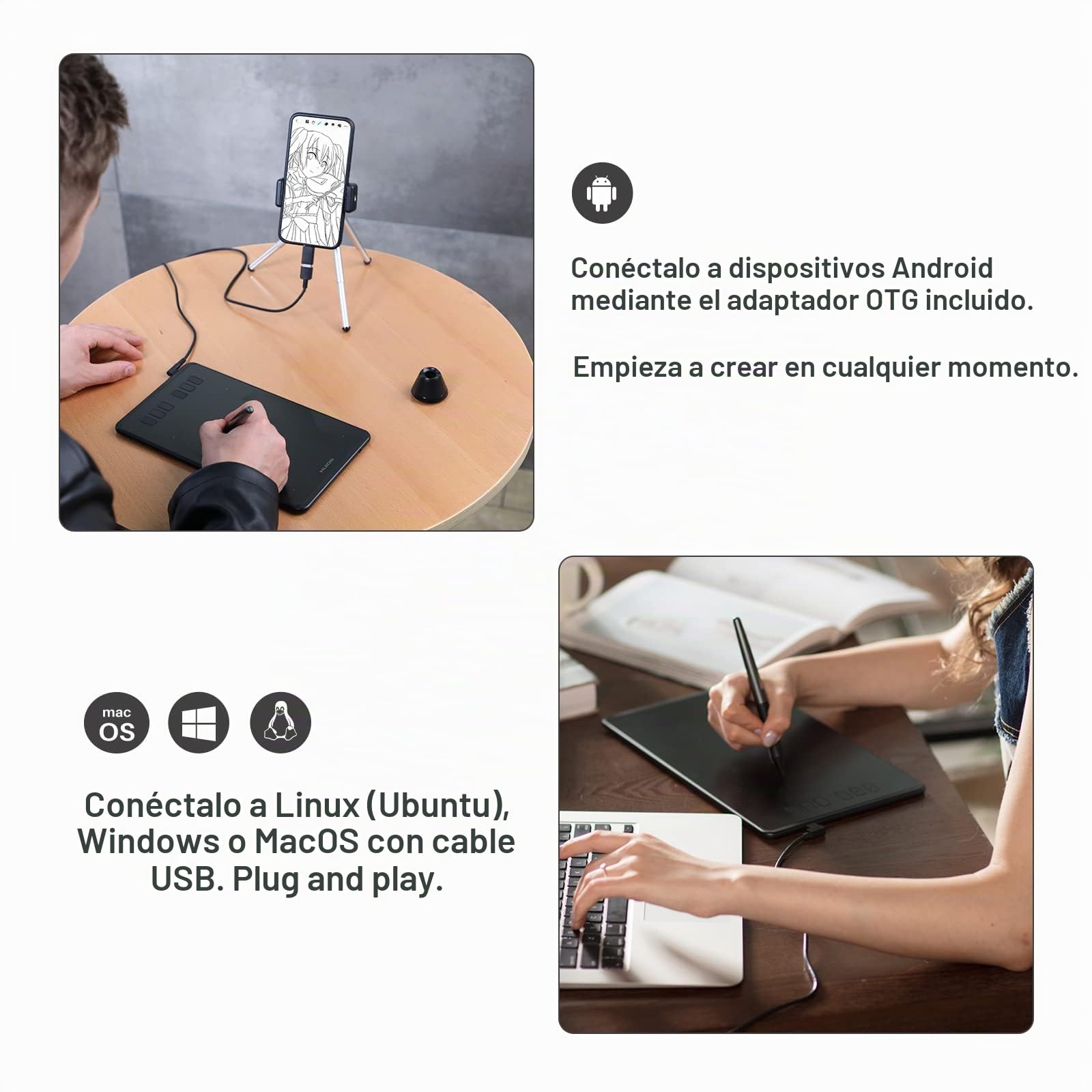 HUION H640P Tableta Gráfica con 8192 Niveles de Sensibilidad a la Presión con Lápiz Óptico Sin Pilas y 6 Teclas de Función Personalizables