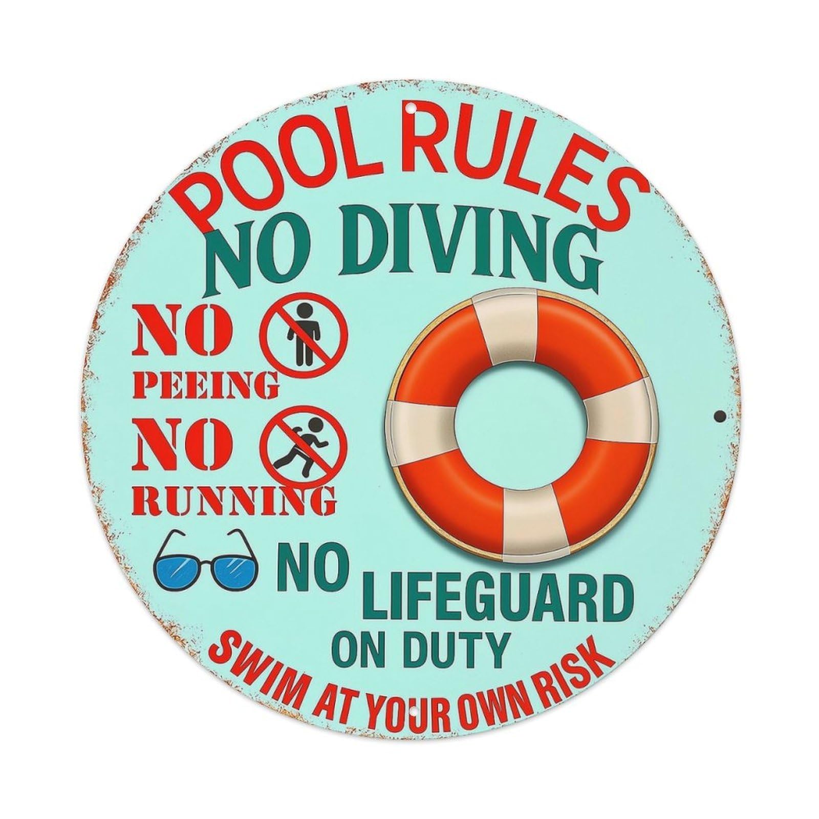 Pool Rules No Diving No Peeing No Running No Lifeguard On Duty Swim Round Metal Tin Sign Vintage Wall Decor, Bar Garage Cafe Kitchen Home Wall Art Poster 8x8inches