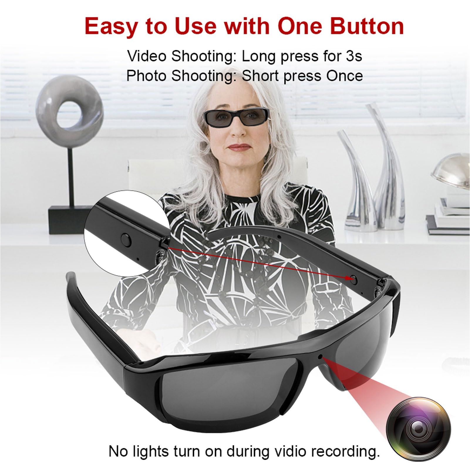 Tosuny Lunettes Intelligentes avec Caméra 1080P, Lunettes de Caméra d'action avec Objectif Grand Angle 120°, Anti-secousses Intelligentes, Enregistrement en Boucle, Lunettes de Soleil