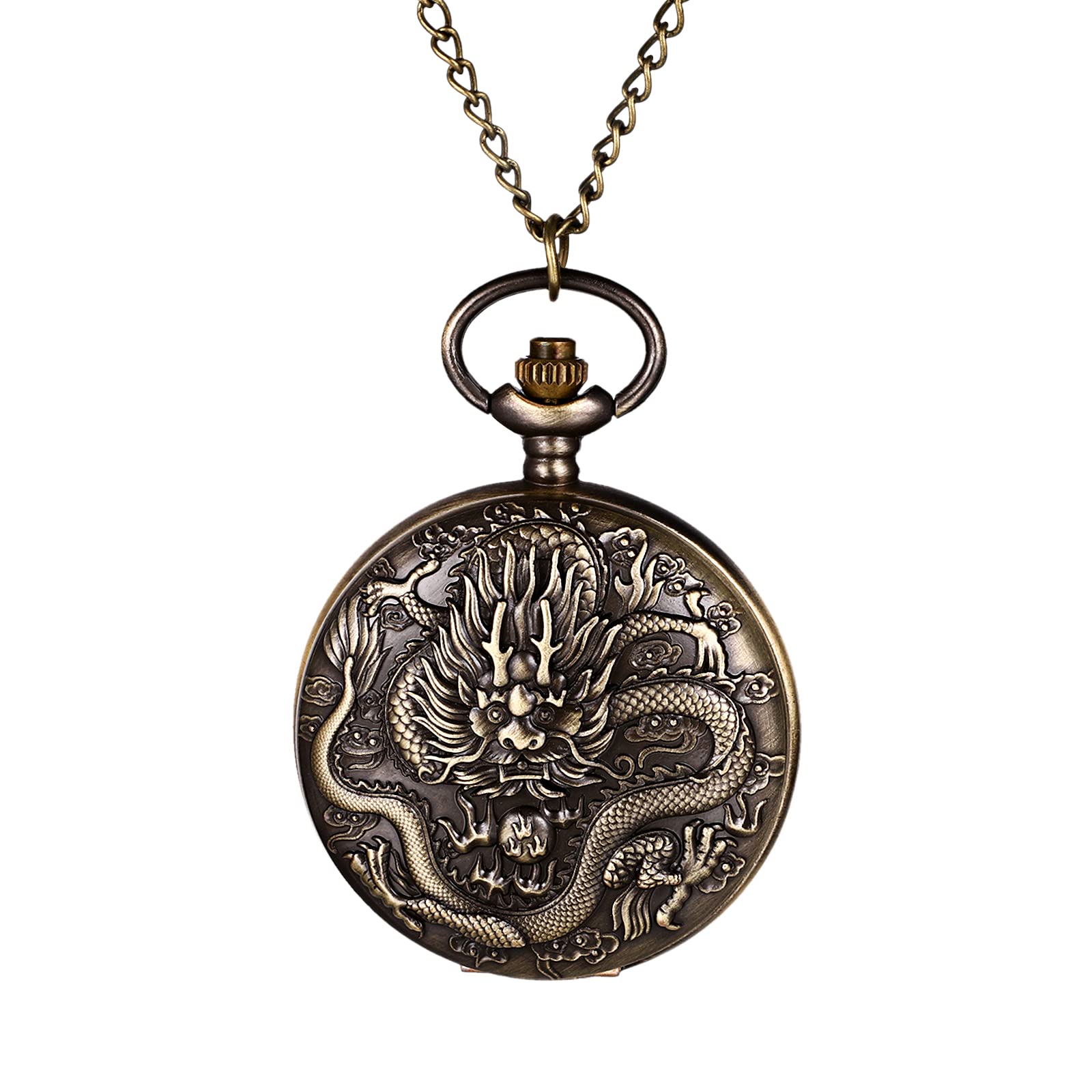 JewelryWe Vatertagsgeschenk Taschenuhr Herren Retro Royal Flush/Kompass/Blumen/Glocke/Motorrad Kettenuhr Analog Quarz Uhr Anhänger mit Halskette Kette Bronze Geschenk für Männer