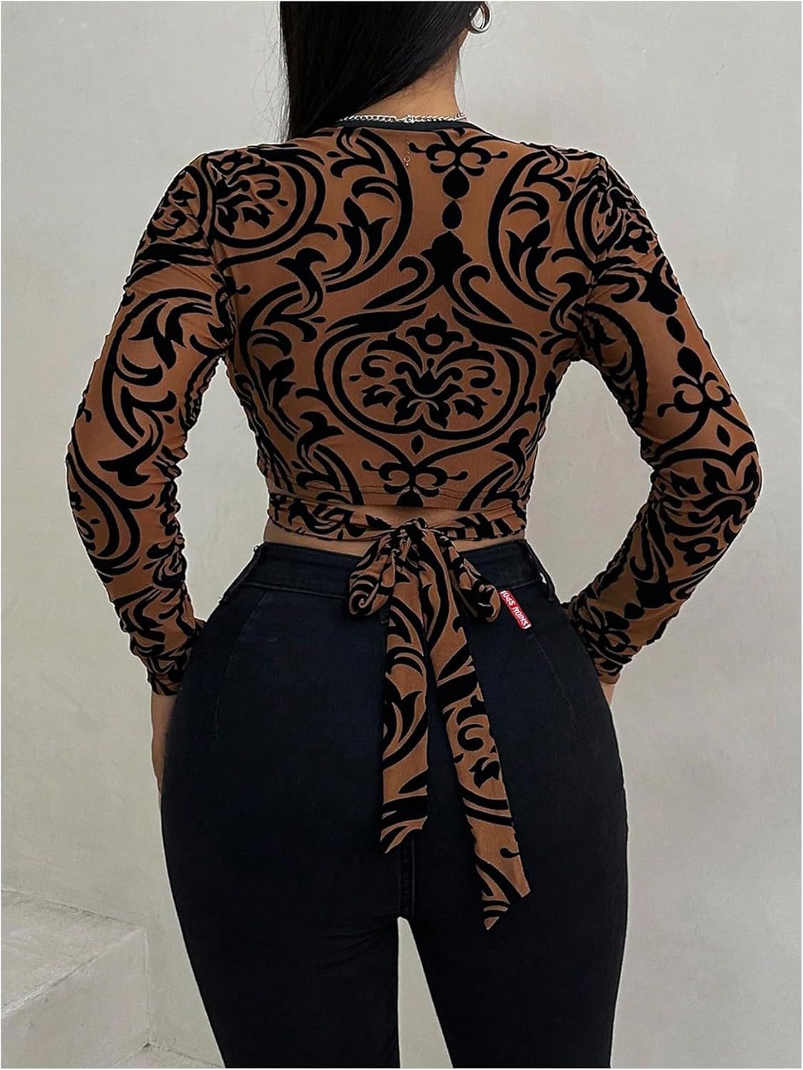 SHENHE Women's Deep V Neck Twist Front Tie Back Long Sleeve Sexy Date Night Crop Top - Image 2