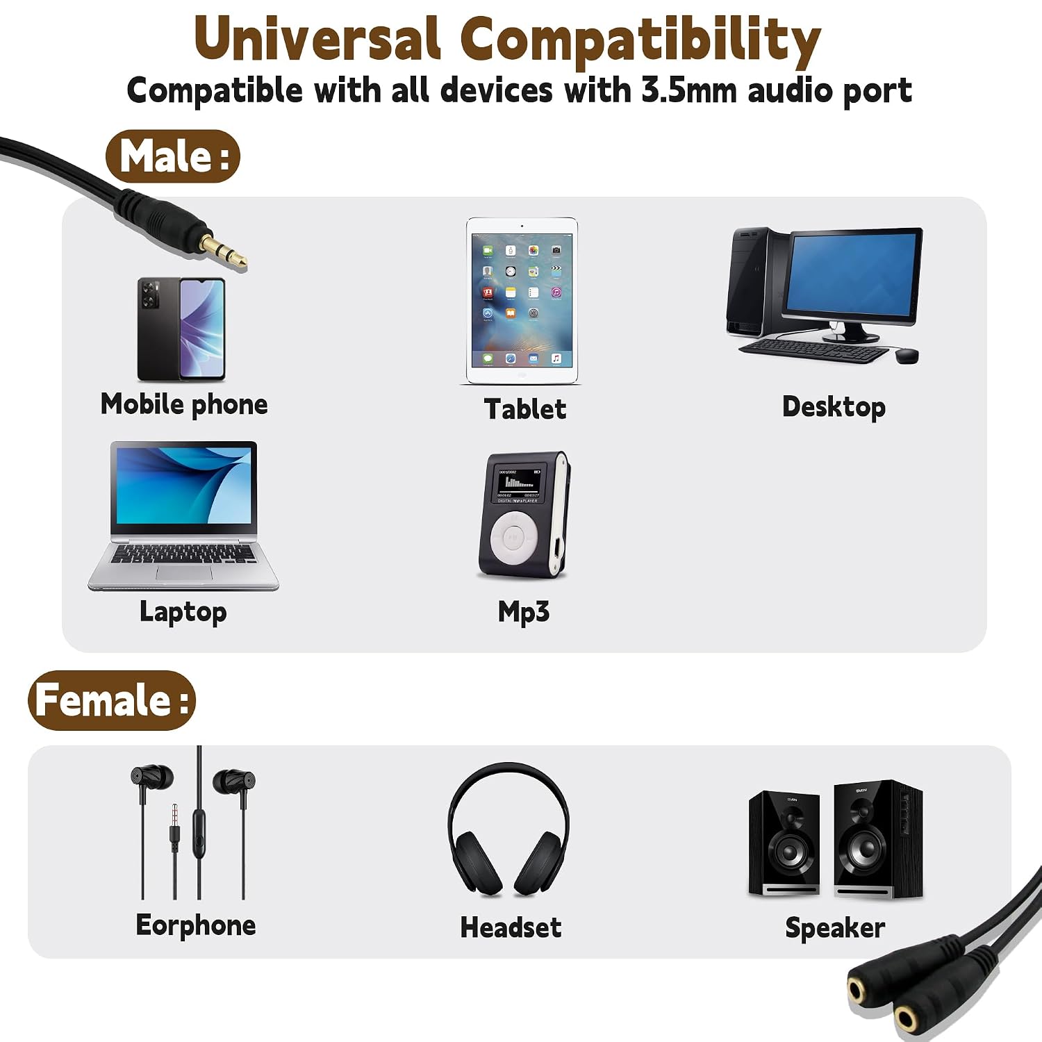 2-Pack Gold Plated 3.5mm Stereo Jack Splitter Cable Adapter Connectors ,3.5mm Male To 2 X Female - for Connecting External Speakers or Use Both Output for Speakers For Ipod, Mp3 Player