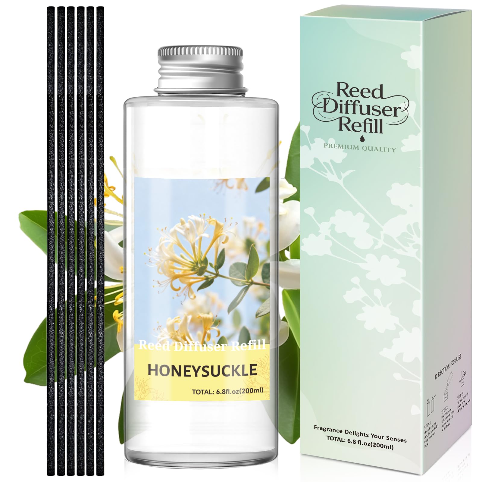 STRN Reed Diffuser Oil Refill, Honeysuckle Scented Diffuser Oil Refills with 6 Reed Sticks 200ML(6.8fl.oz), Room Fresheners for Home, Long-Lasting Fragrance for Living Room, Bedroom, Office
