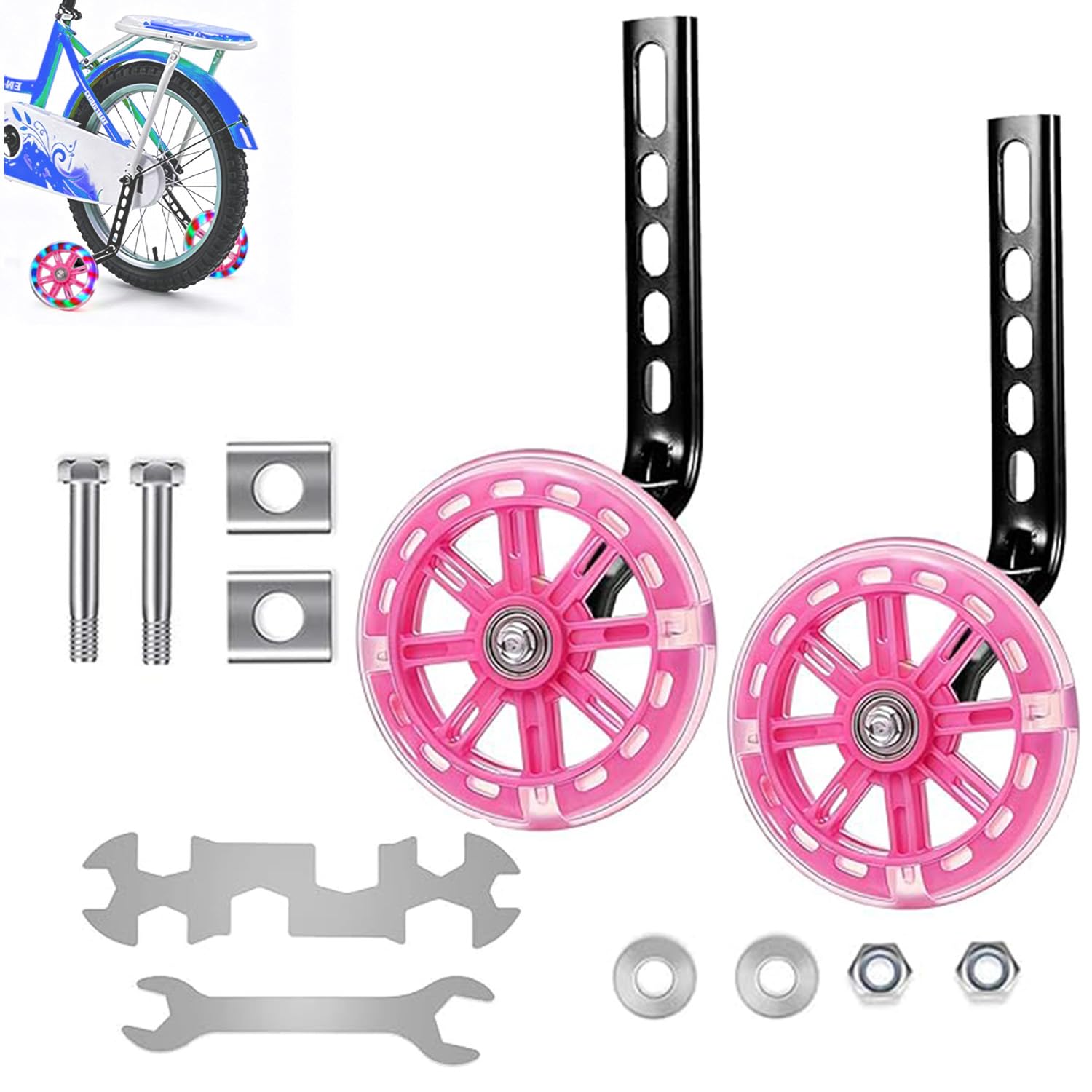 Bicycle Stabilisers Children's Bike, 2 Pieces Universal Stabilisers Auxiliary Wheels with Flash Wheels Mute, Safety Stabilisers Adjustable for 12 14 16 18 20 Inch Single Speed Bike for Children